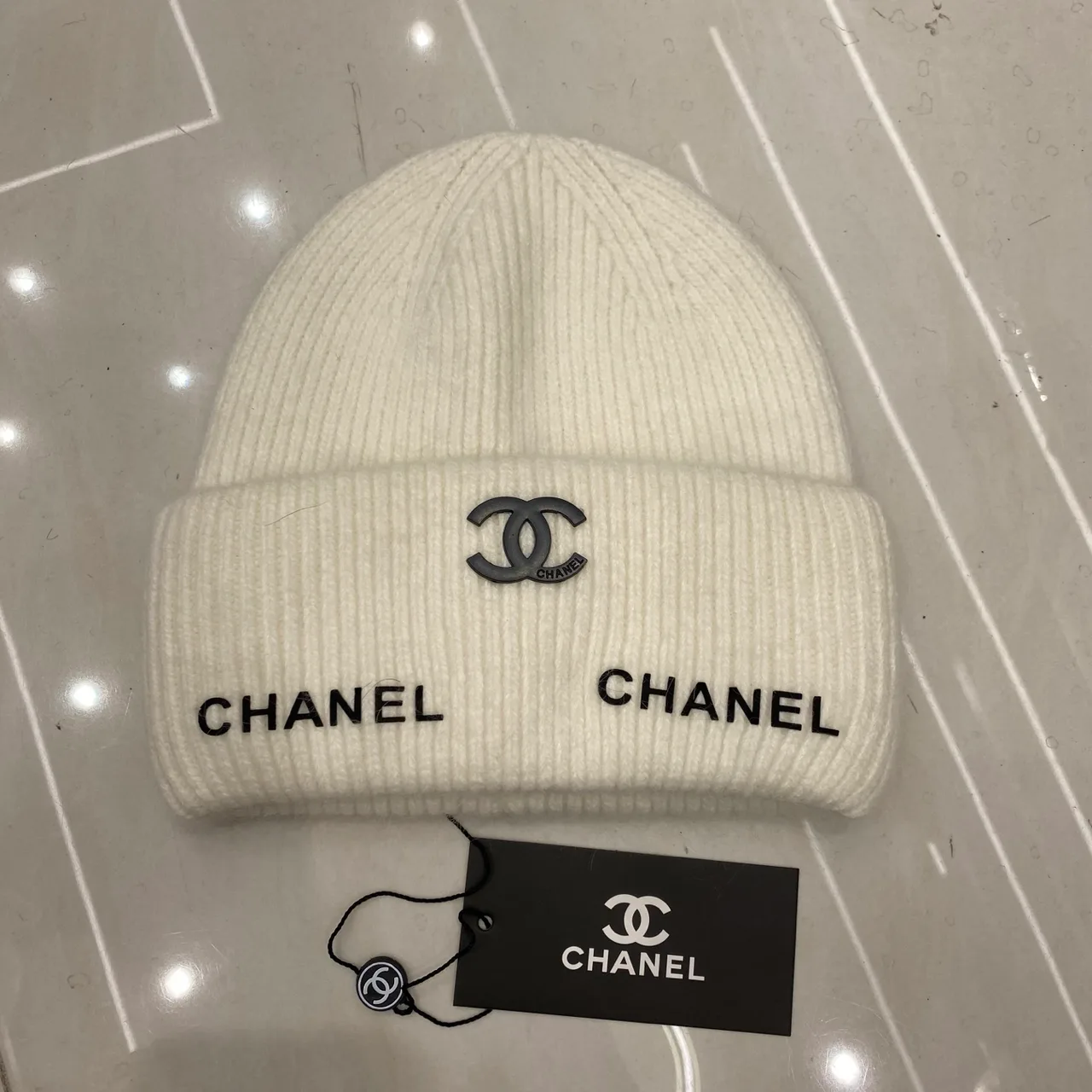 Chanel CC Script Beanie in Black & Cream · view 2