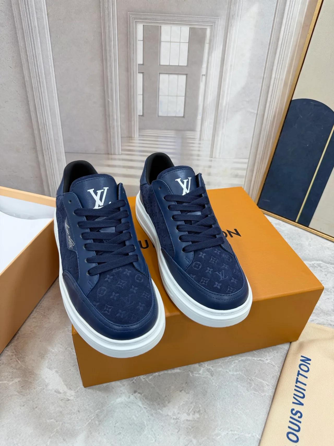 Louis Vuitton Calfskin Monogram Low-Top Sneakers in Blue · view 1