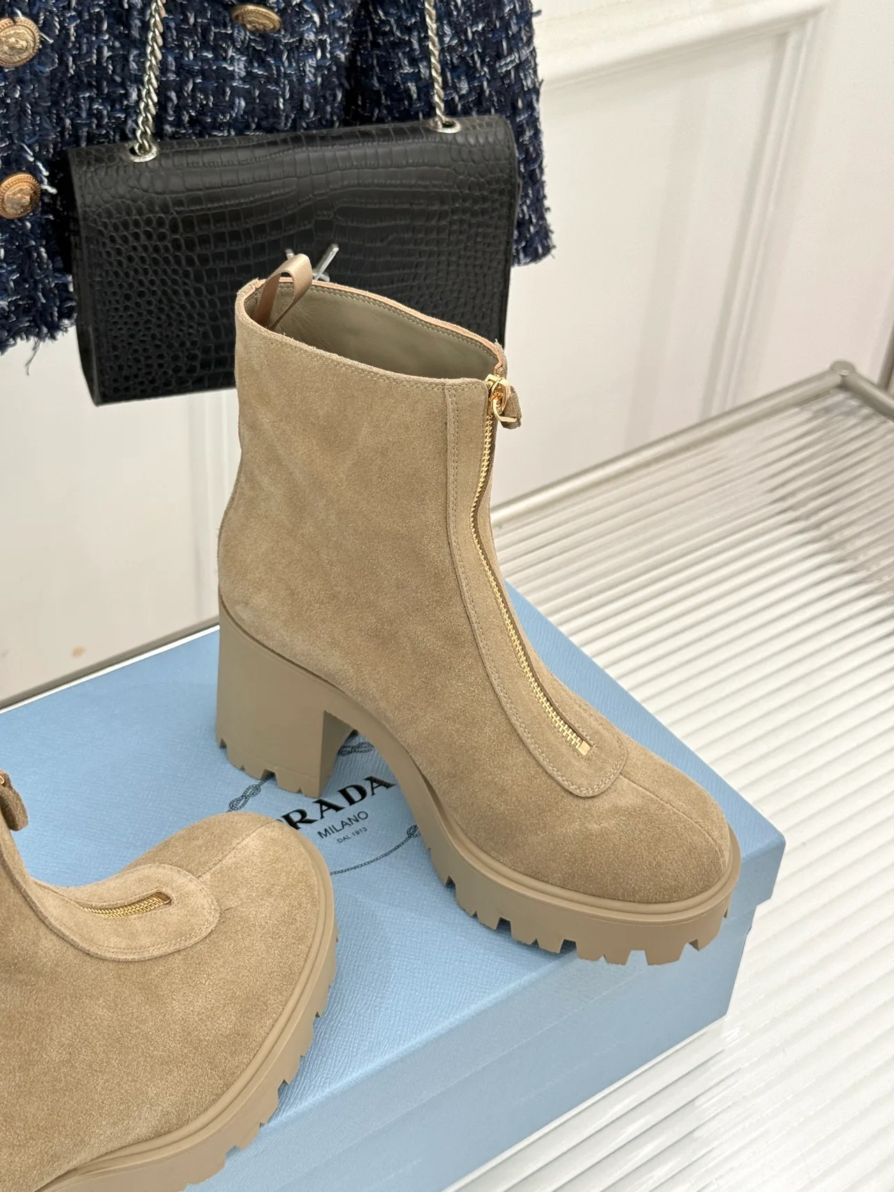Prada Denim Suede-Look Ankle Boots in Beige · view 5