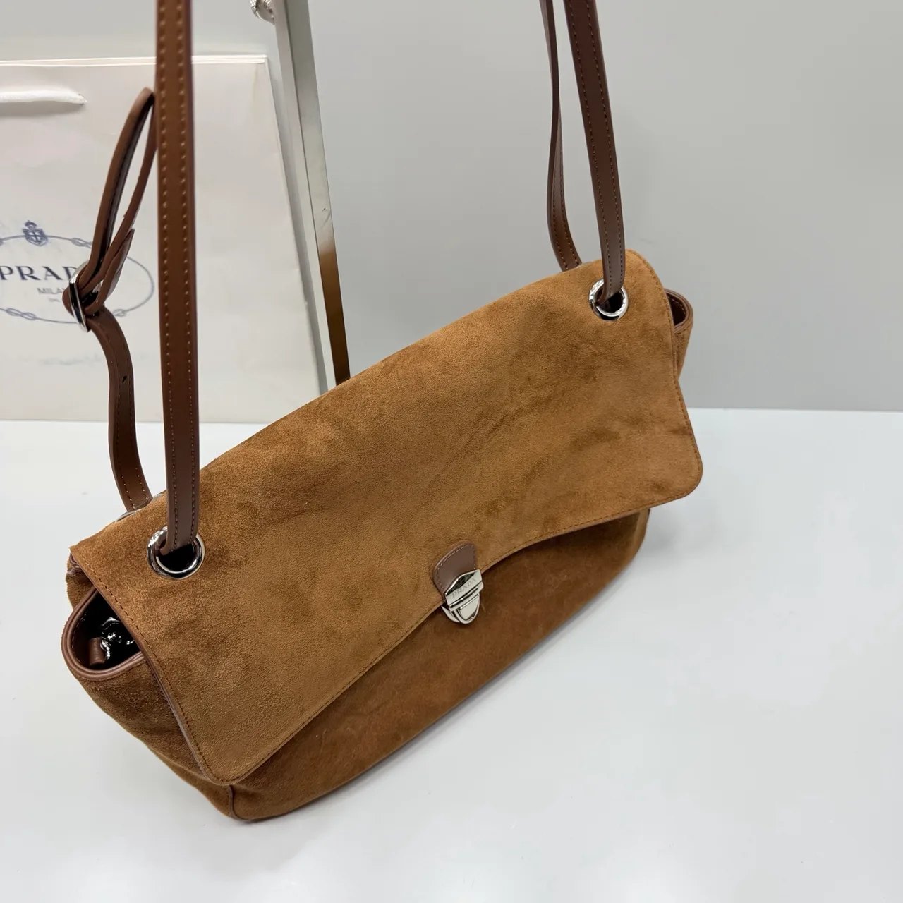 Prada Suede-Look Flap Shoulder Bag in Brown · view 3