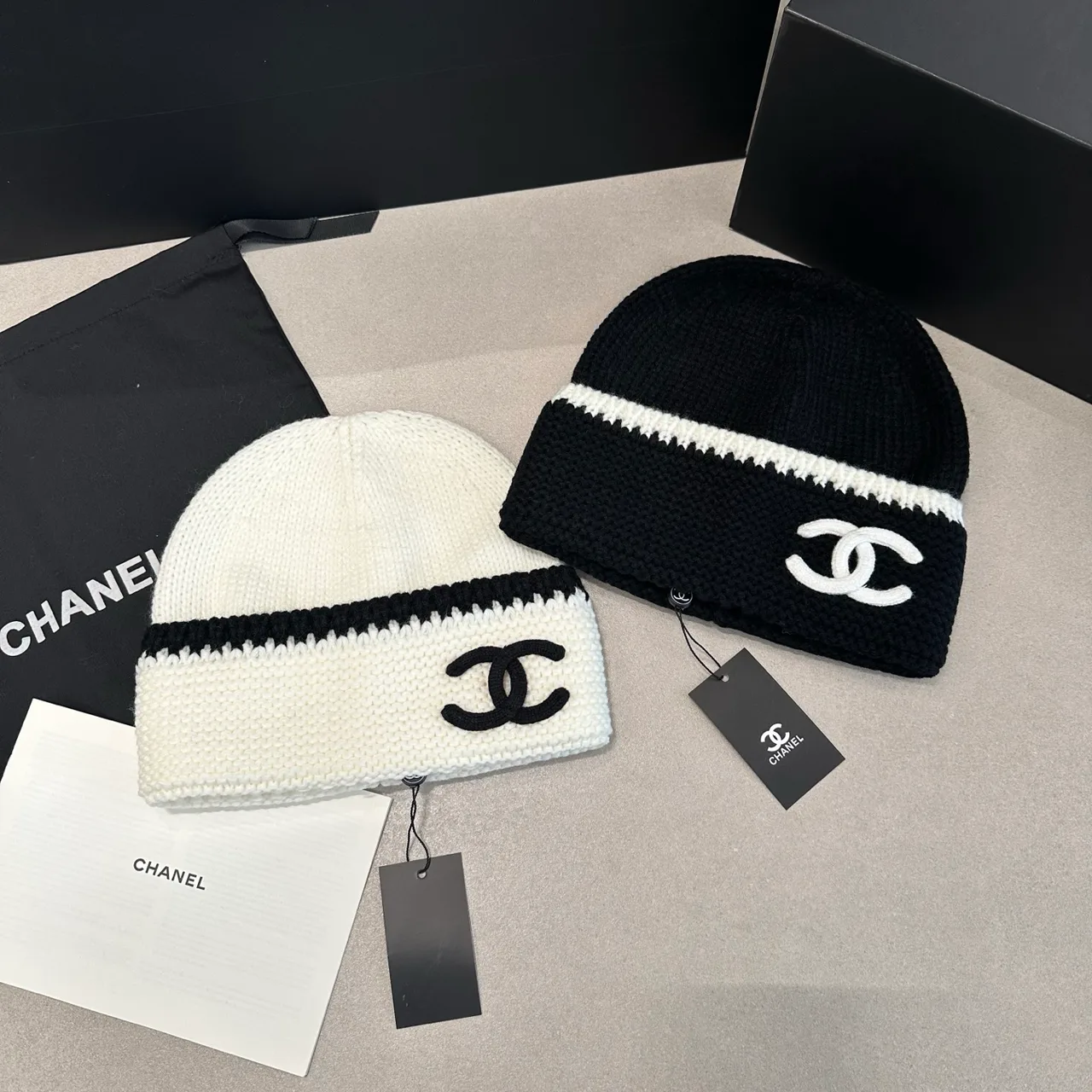 Chanel Contrast-Stripe CC Beanie in White / Black · view 6