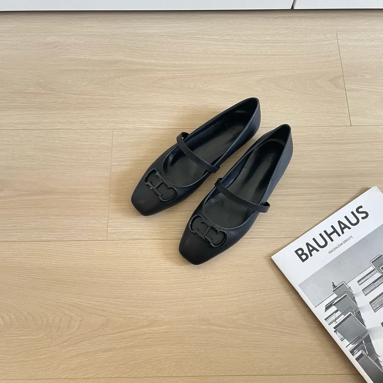 Hermes Leather Glossy Square-Toe Mary Jane Flats in Black · view 2