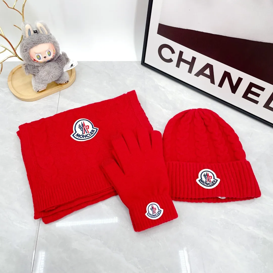 Moncler Wool Ribbed Hat Scarf and Gloves Set in Red · view 1