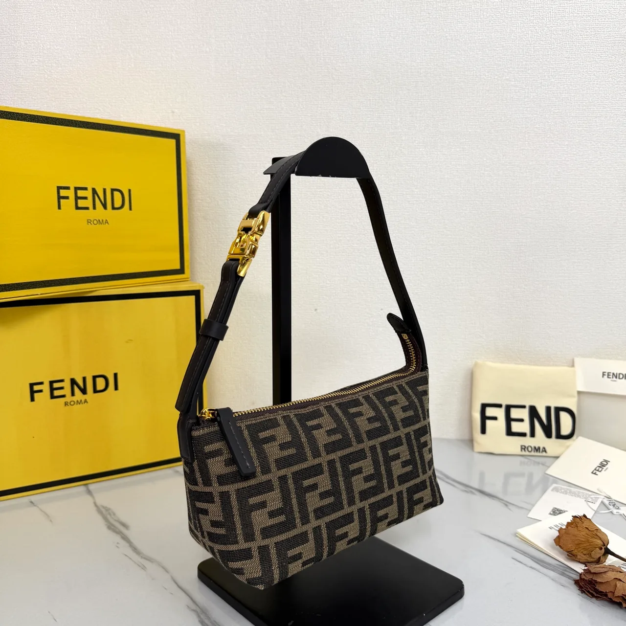 Fendi Baguette Cowhide FF-Monogram Open-Top Shoulder Bag in Brown · view 2