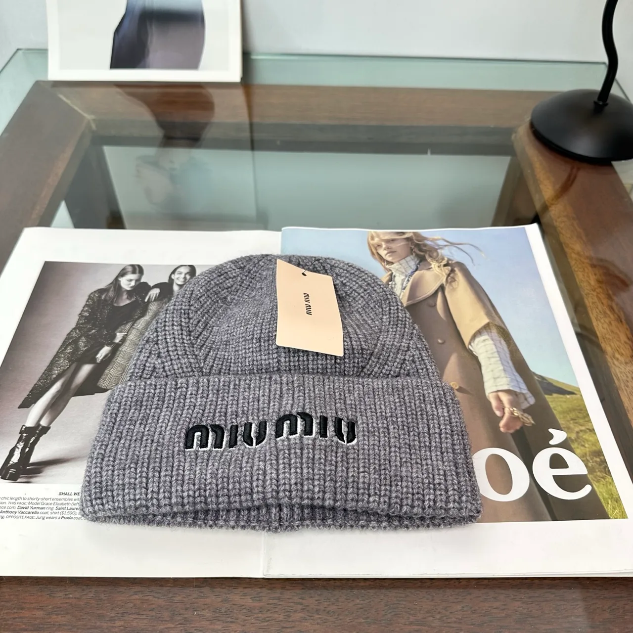 Miu Miu Ribbed Embroidered Beanie in Grey · view 1