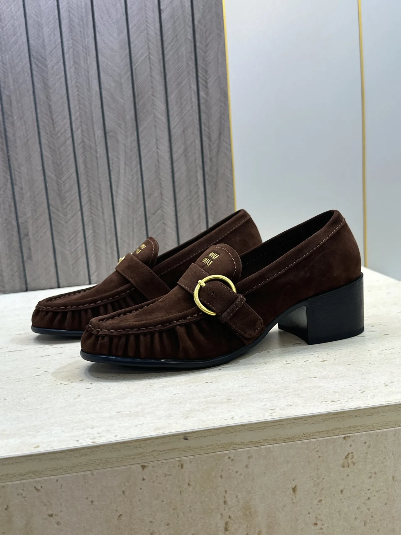Miu Miu Cowhide Sheepskin Buckle Suede Heeled Loafers in Brown · view 5