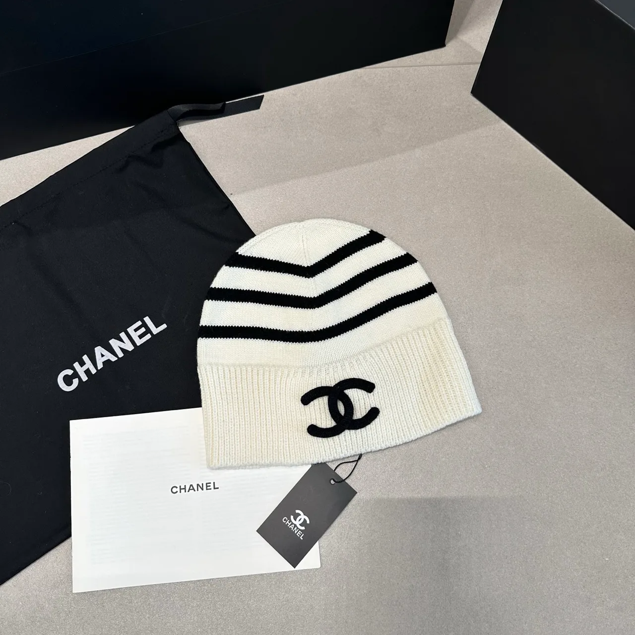Chanel Striped Beanie in Black & White · view 2
