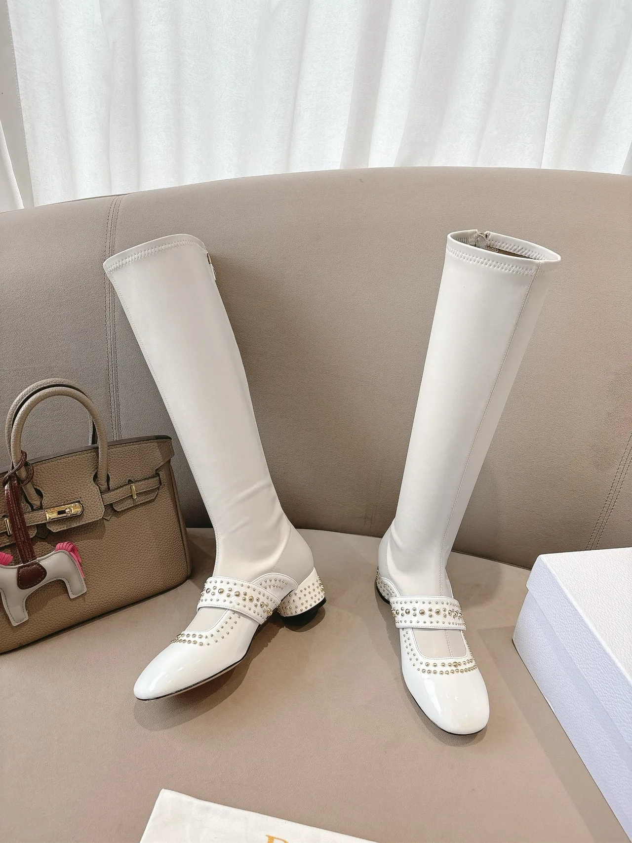 Dior Sheepskin Patent Leather Glossy Pointed-Toe Buckle Knee-High Boots in White · view 3