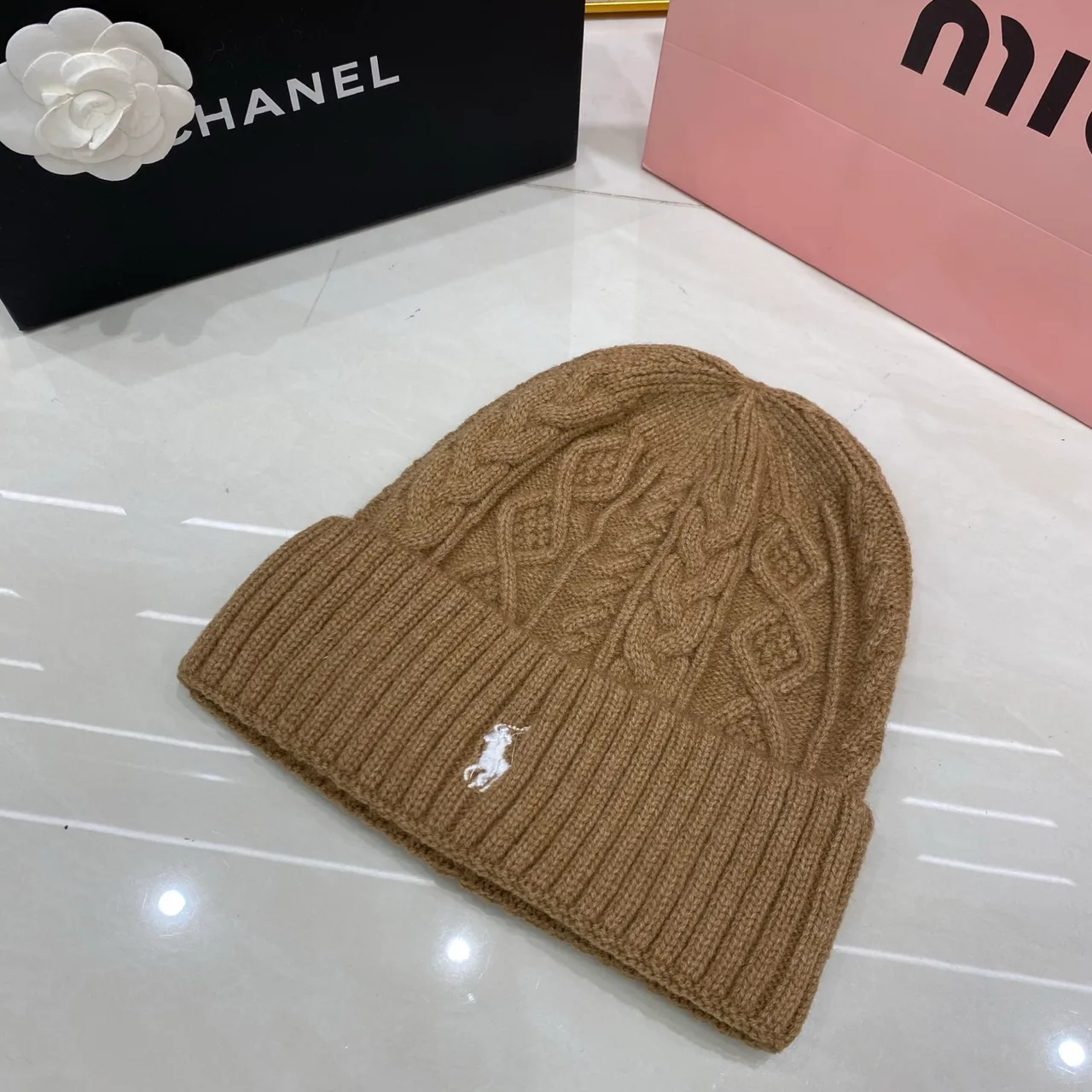 Ralph Lauren Cable-Knit Beanie in Black & White & Tan & Cream & Grey · view 3