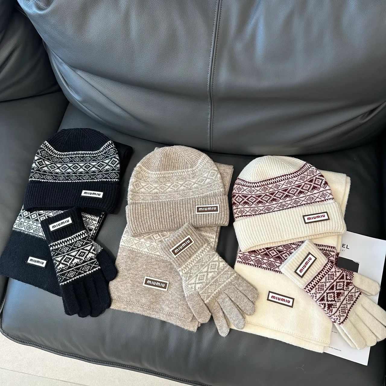 Miu Miu Hat Scarf and Gloves Set in Black & Beige & White · view 8
