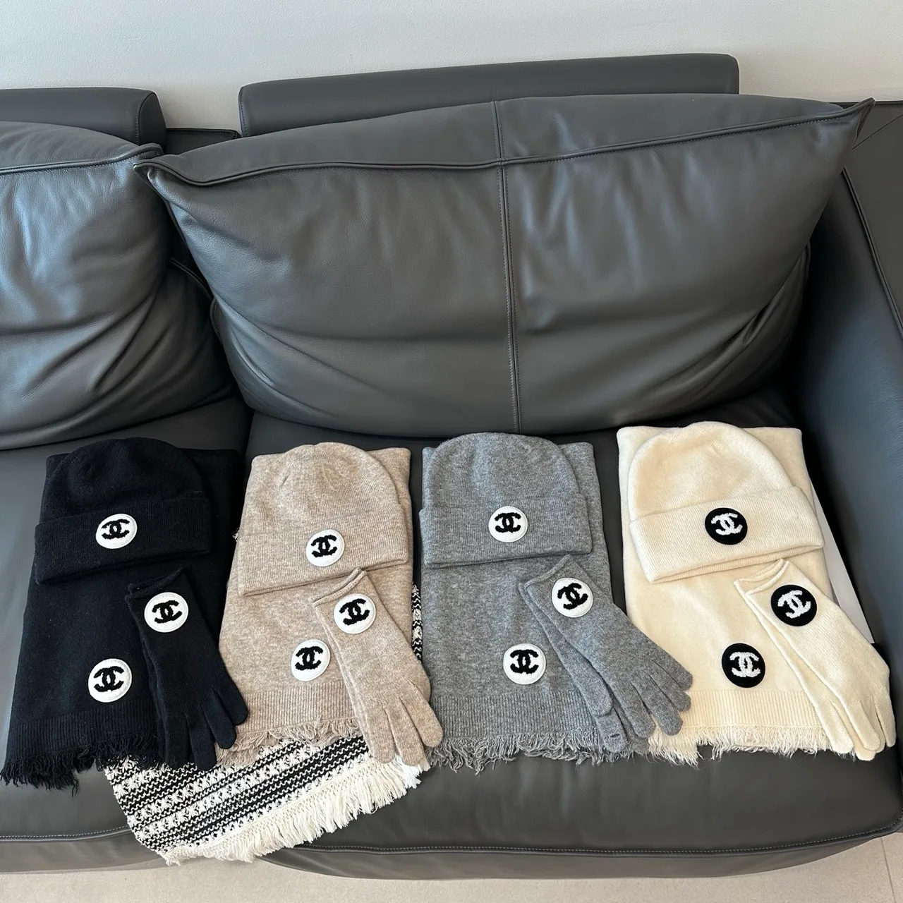 Chanel Hat Scarf and Gloves Set in Black & Grey & Beige & White · view 2