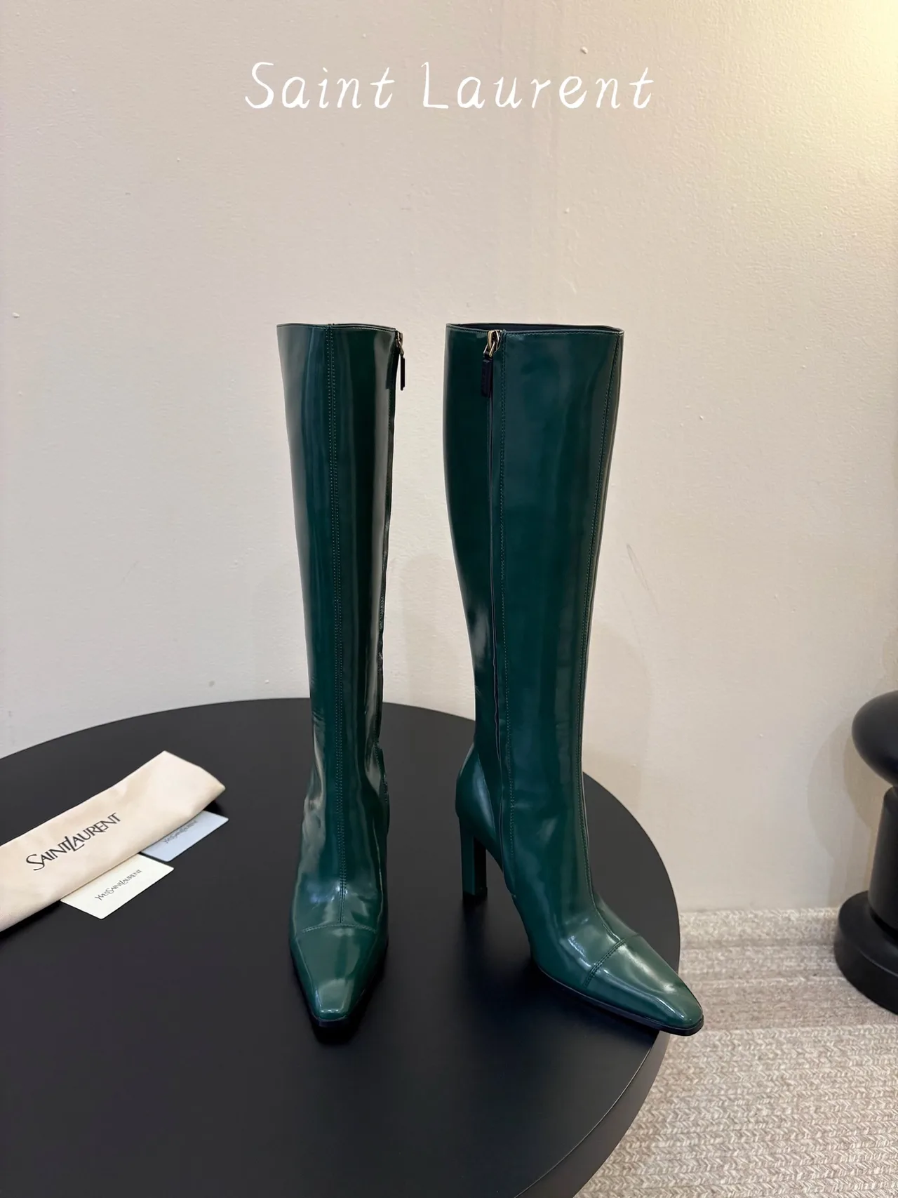 Saint Laurent Cowhide Sheepskin Glossy Pointed-Toe Knee-High Boots in Green · view 2