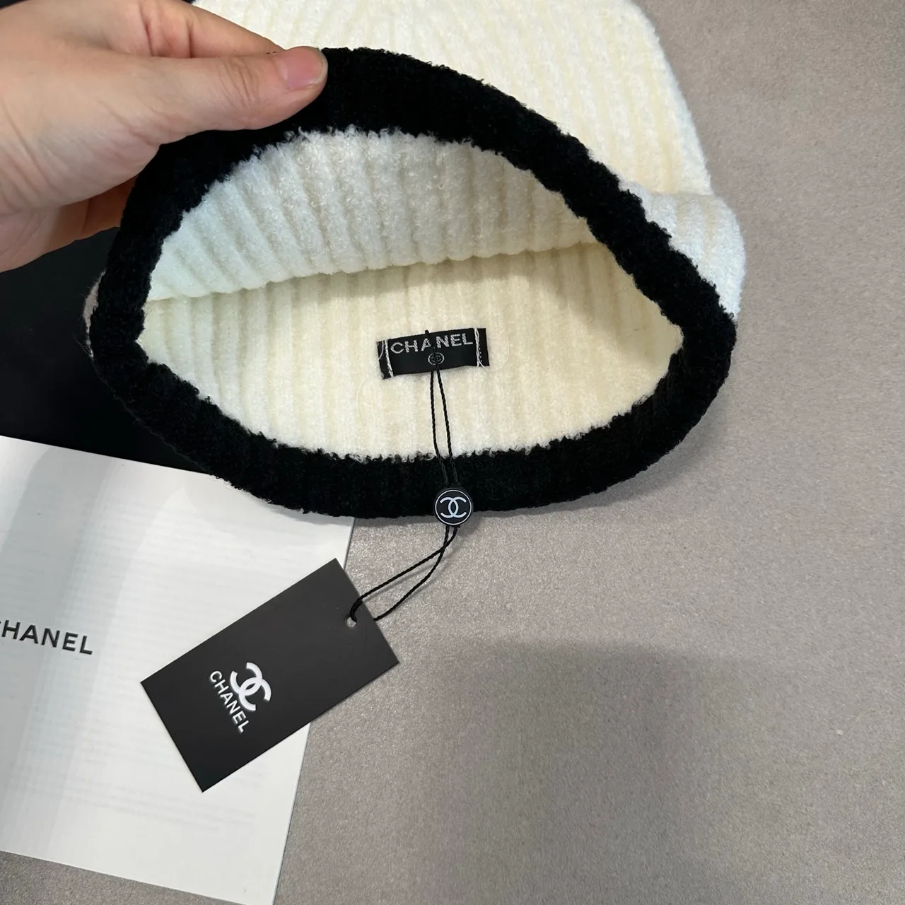 Chanel Contrast-Edge CC Beanie in Black & Cream · view 3