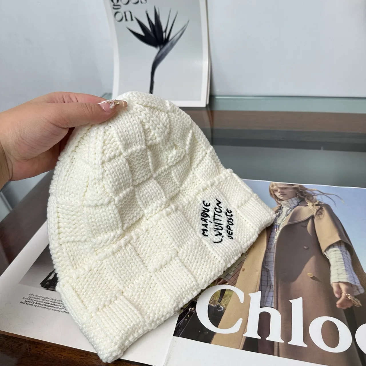 Louis Vuitton Cable-Knit Beanie in Cream & Black · view 5