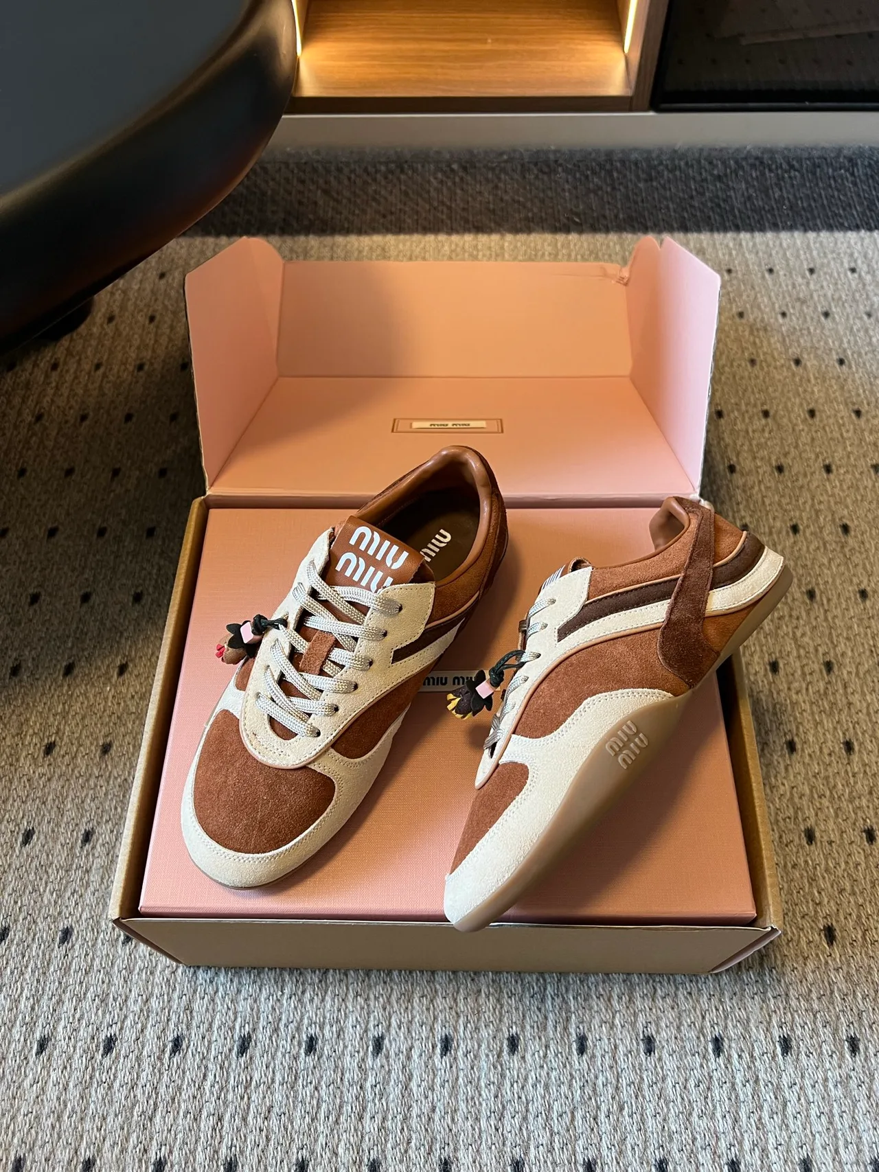Miu Miu Suede-Look Round-Toe Low-Top Sneakers in Brown · view 3