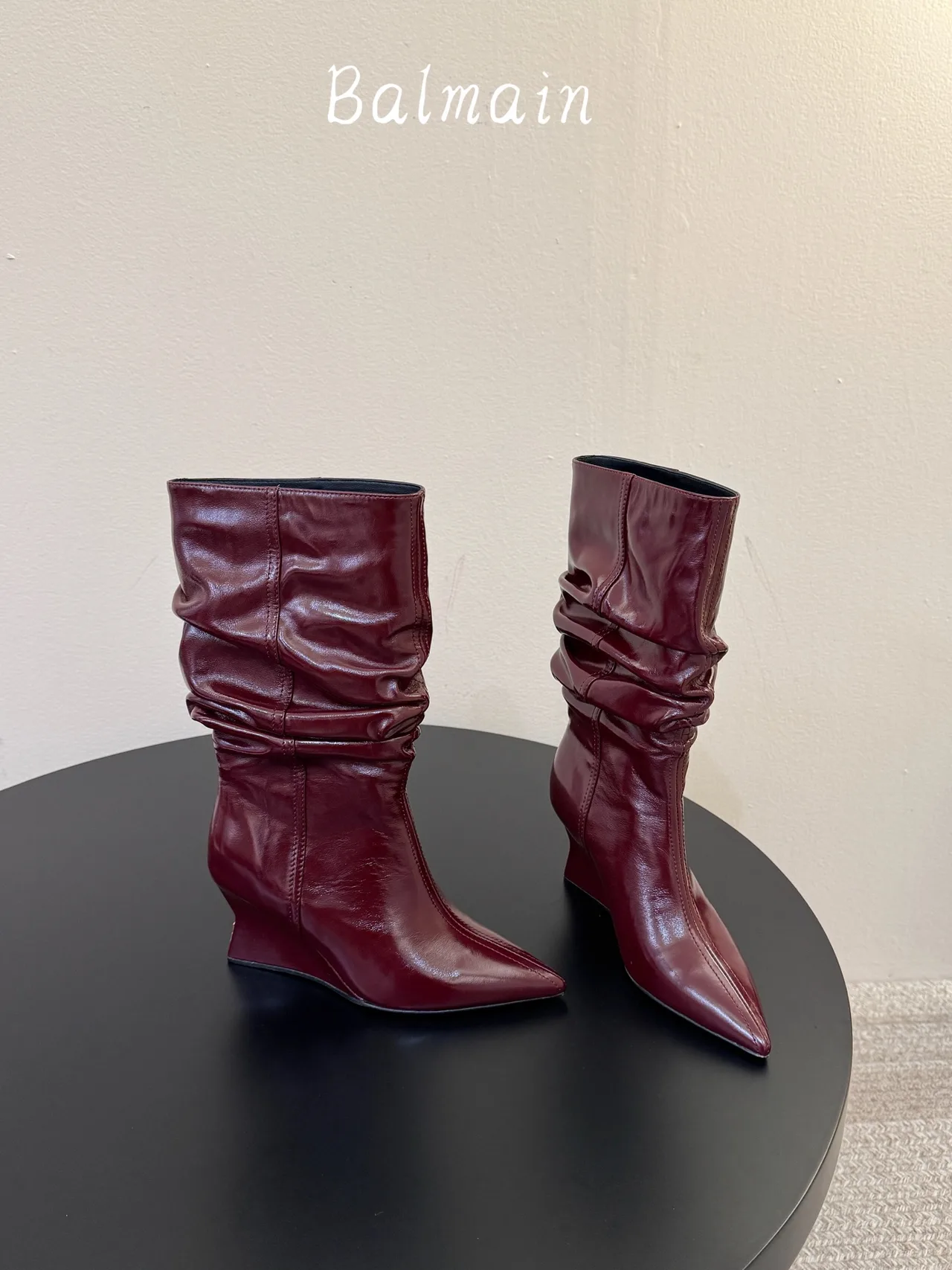 Balmain Denim Ribbed Glossy Pointed-Toe Mid-Calf Boots in Burgundy · view 4