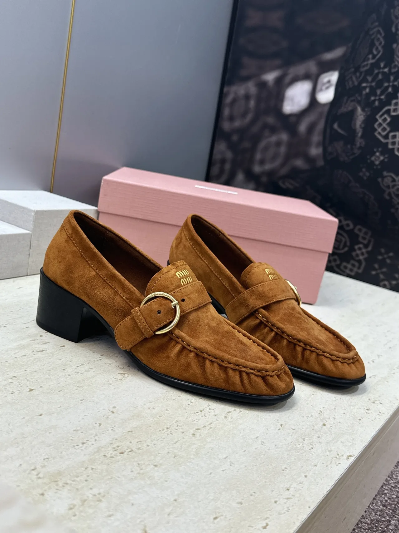 Miu Miu Cowhide Sheepskin Buckle Suede Heeled Loafers in Tan · view 1