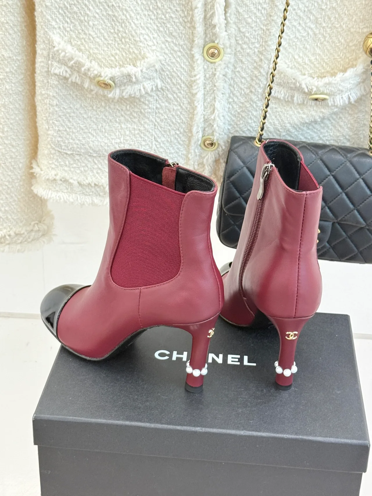 Chanel Lambskin Glossy Pointed-Toe Round-Toe Ankle Boots in Burgundy · view 5