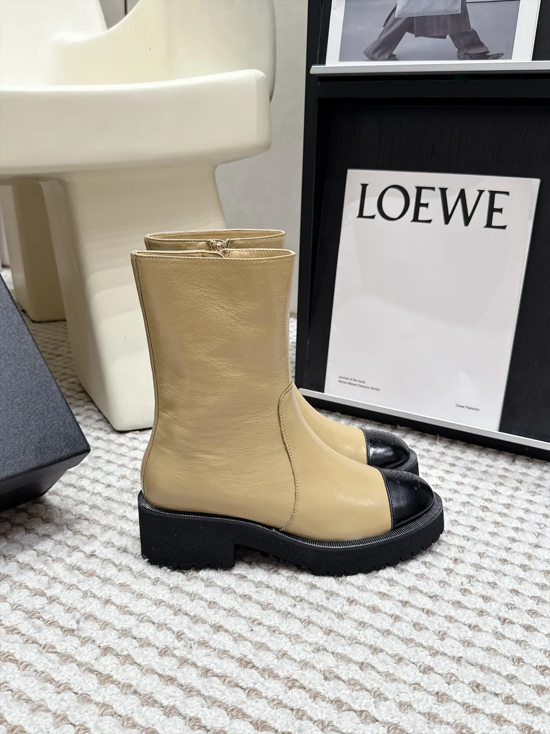 Loewe Cowhide Glossy Cap-Toe Ankle Boots in Tan · view 2