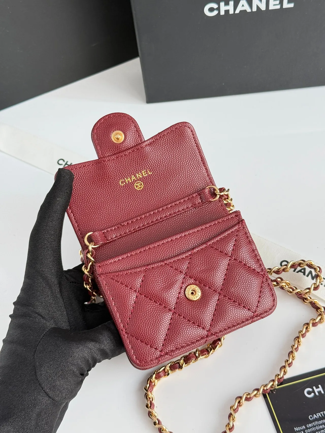 Chanel Quilted Chain Mini Wallet in Burgundy · view 6