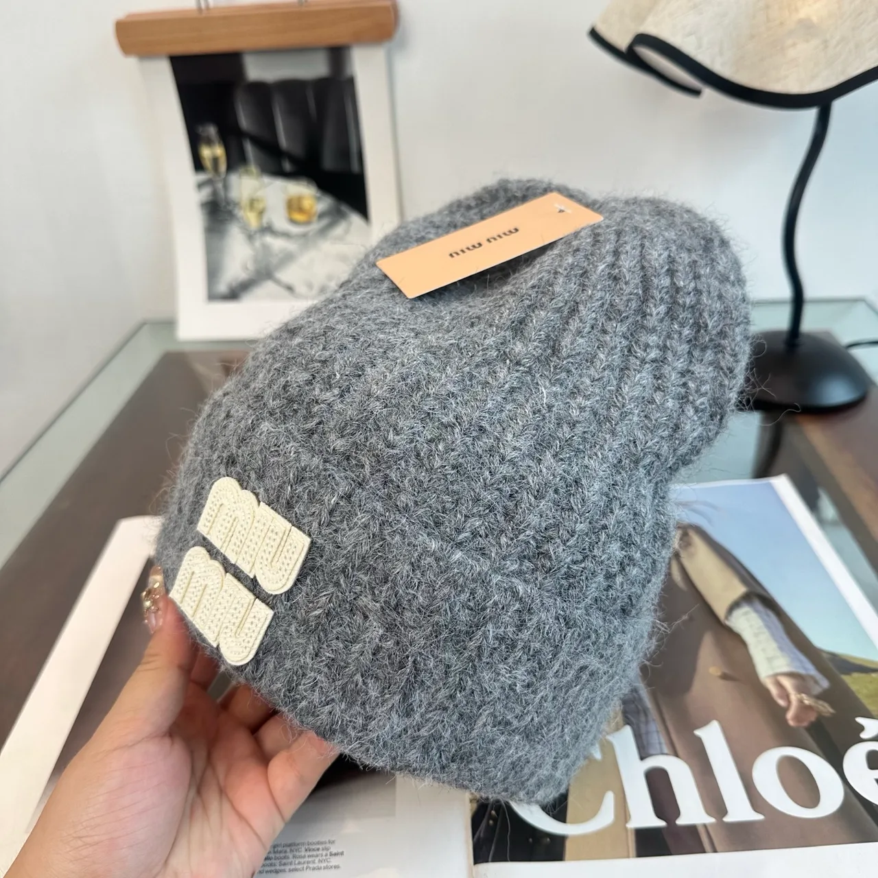 Miu Miu Beanie in Grey & Beige · view 4