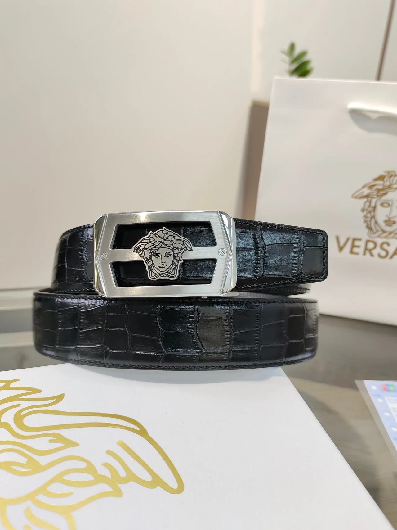 Versace Calfskin Glossy Belt in Black · view 1