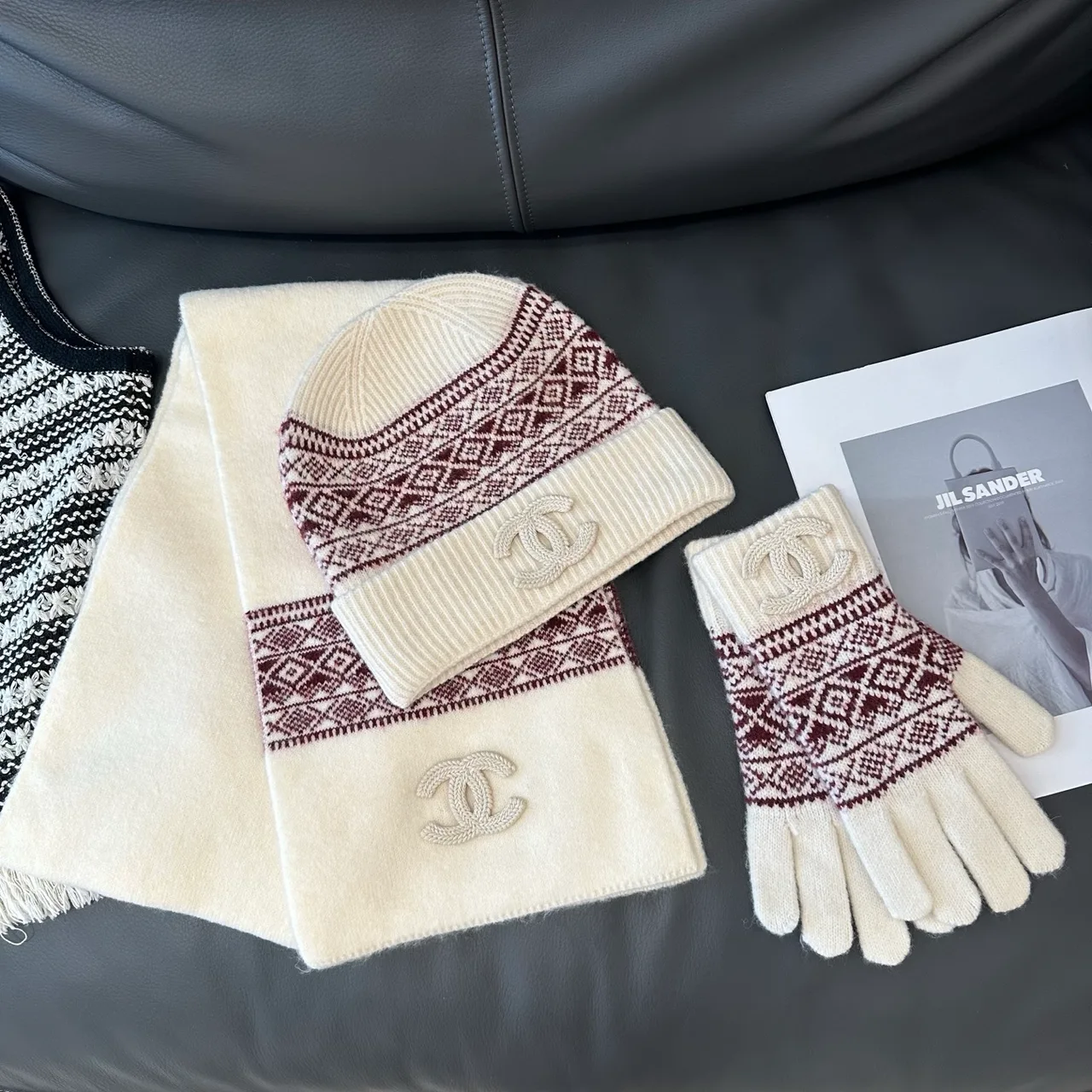 Chanel Hat, Scarf and Gloves Set in Beige & Black · view 1