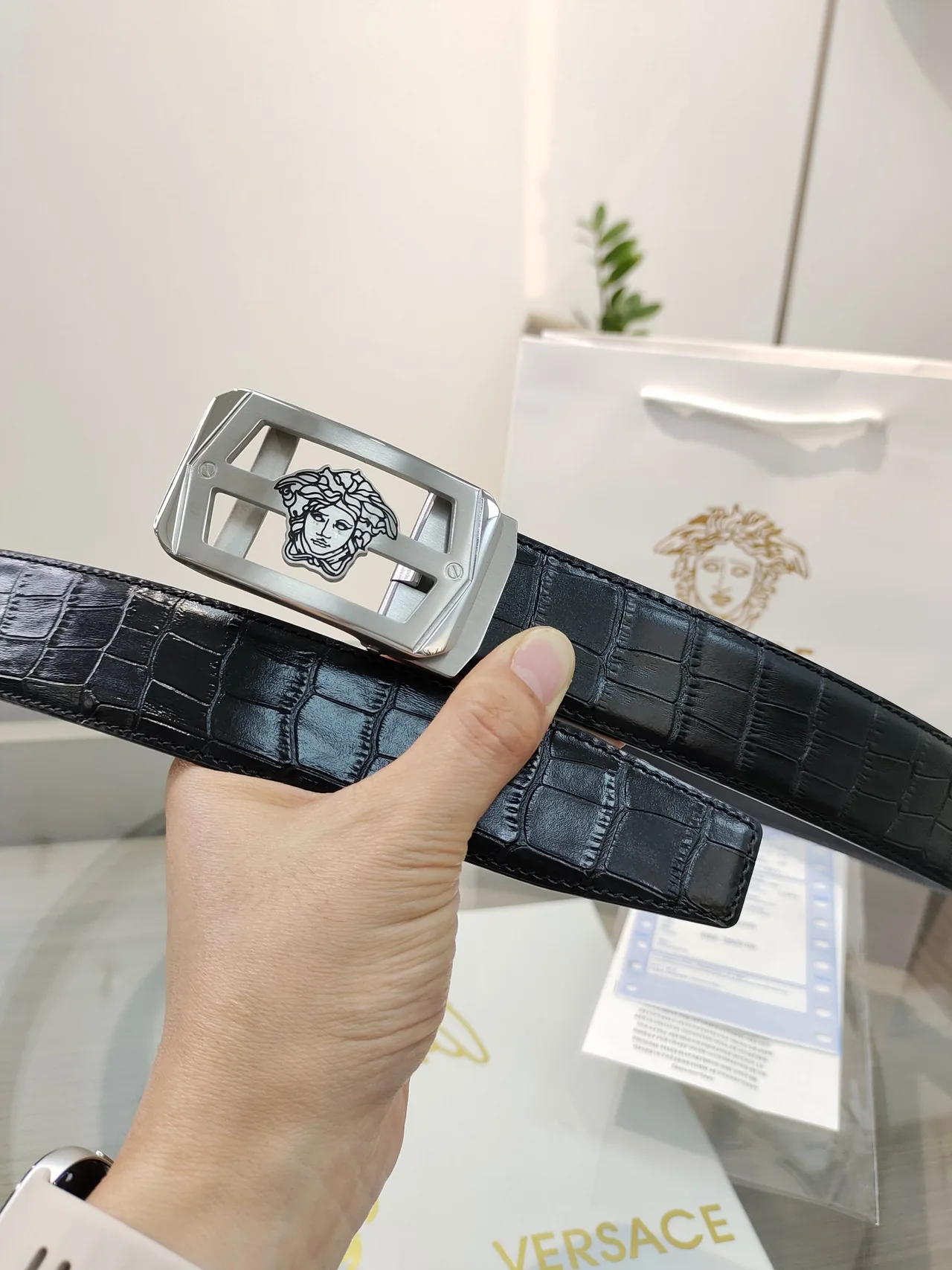 Versace Calfskin Glossy Belt in Black · view 4