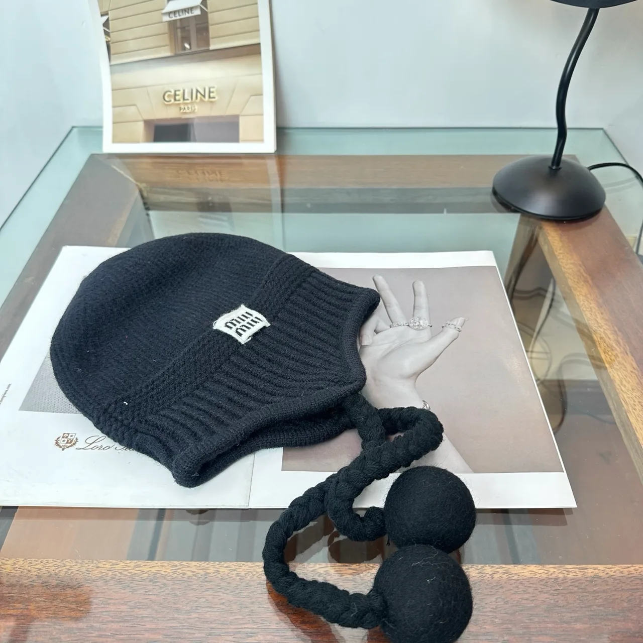 Miu Miu Ribbed Earflap Hat in Black · view 3