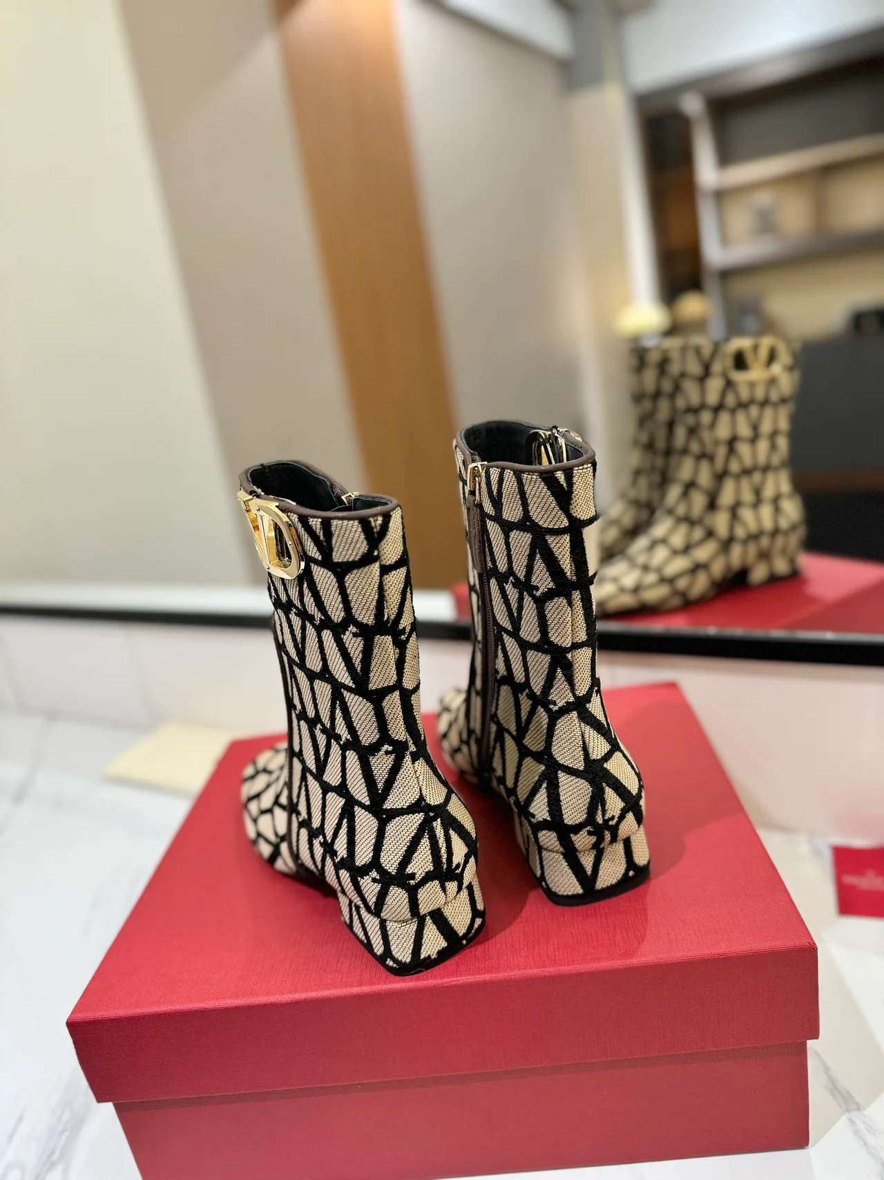 Valentino Wool Pointed-Toe VLOGO Ankle Boots in Beige · view 6