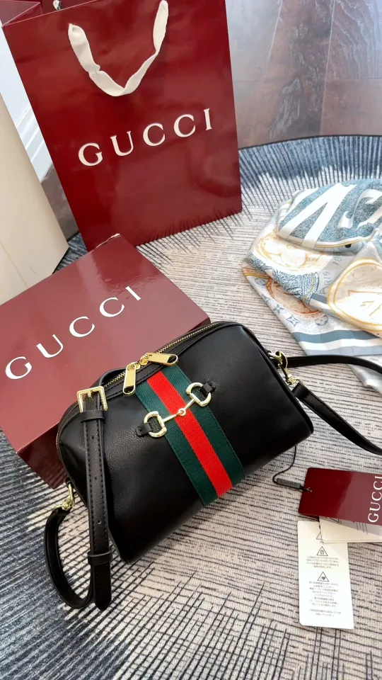 Gucci Boston Horsebit Web Camera Bag in Black & Beige · view 1