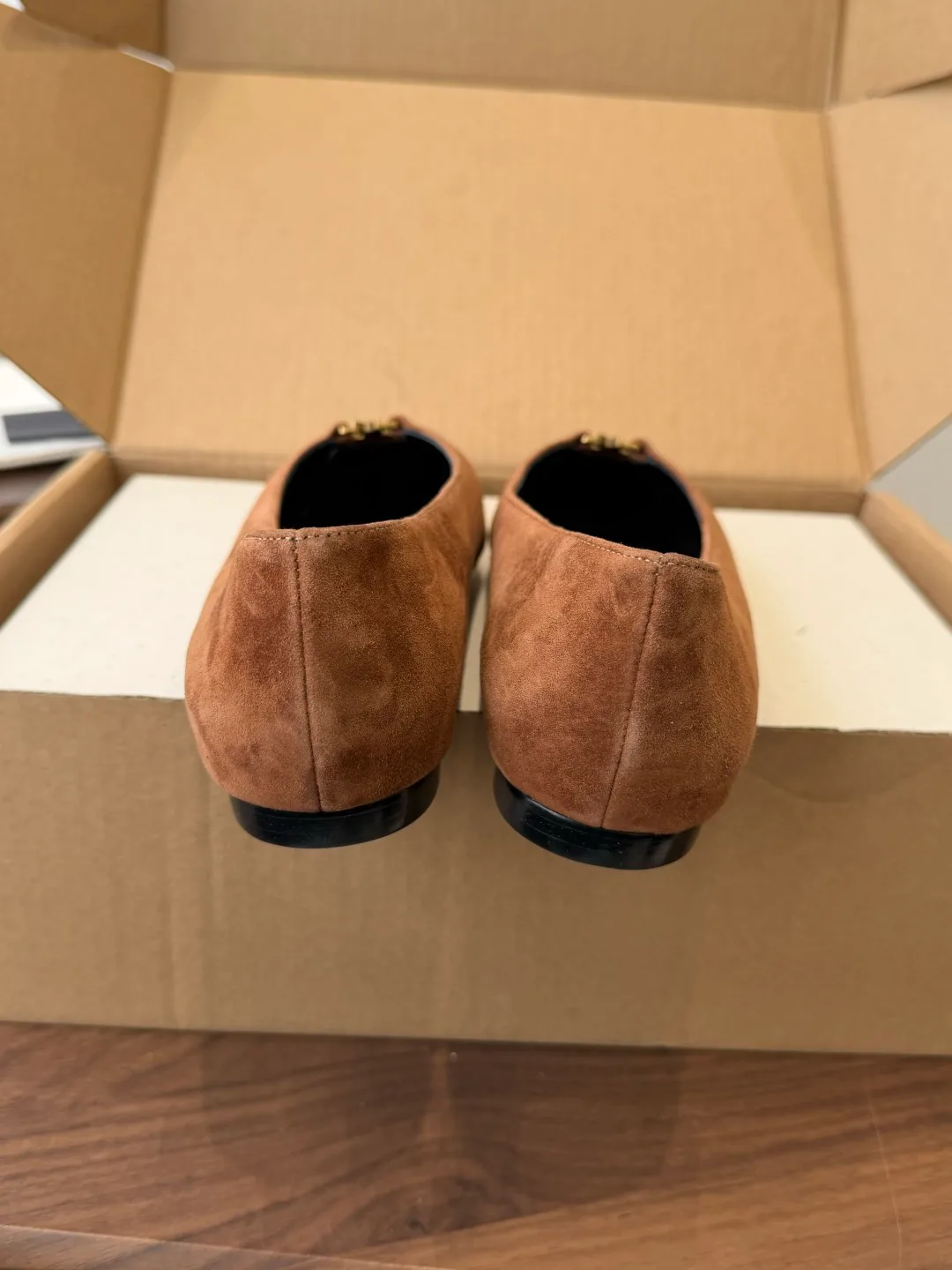 Saint Laurent Sheepskin Suede-Look Pointed-Toe Flats in Brown · view 8
