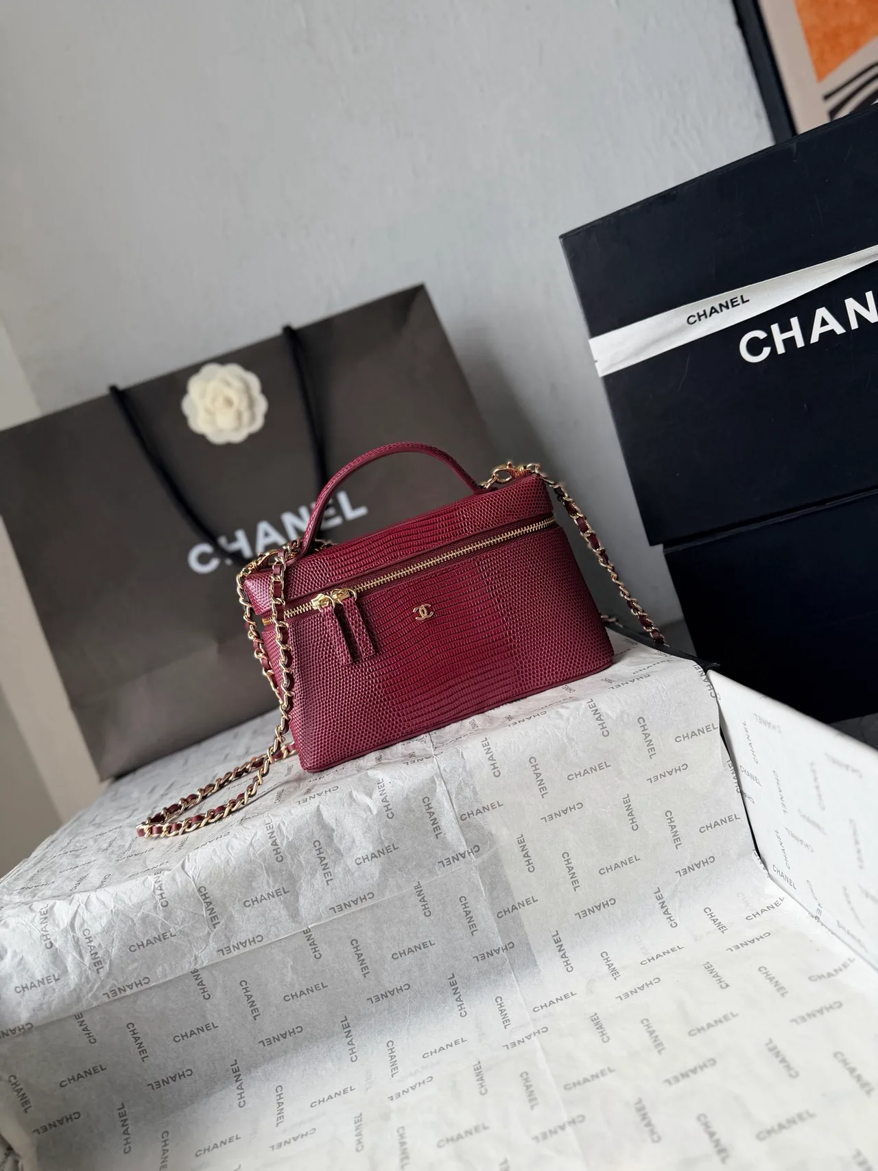 Chanel Cowhide Box Shoulder Bag in Burgundy · view 2