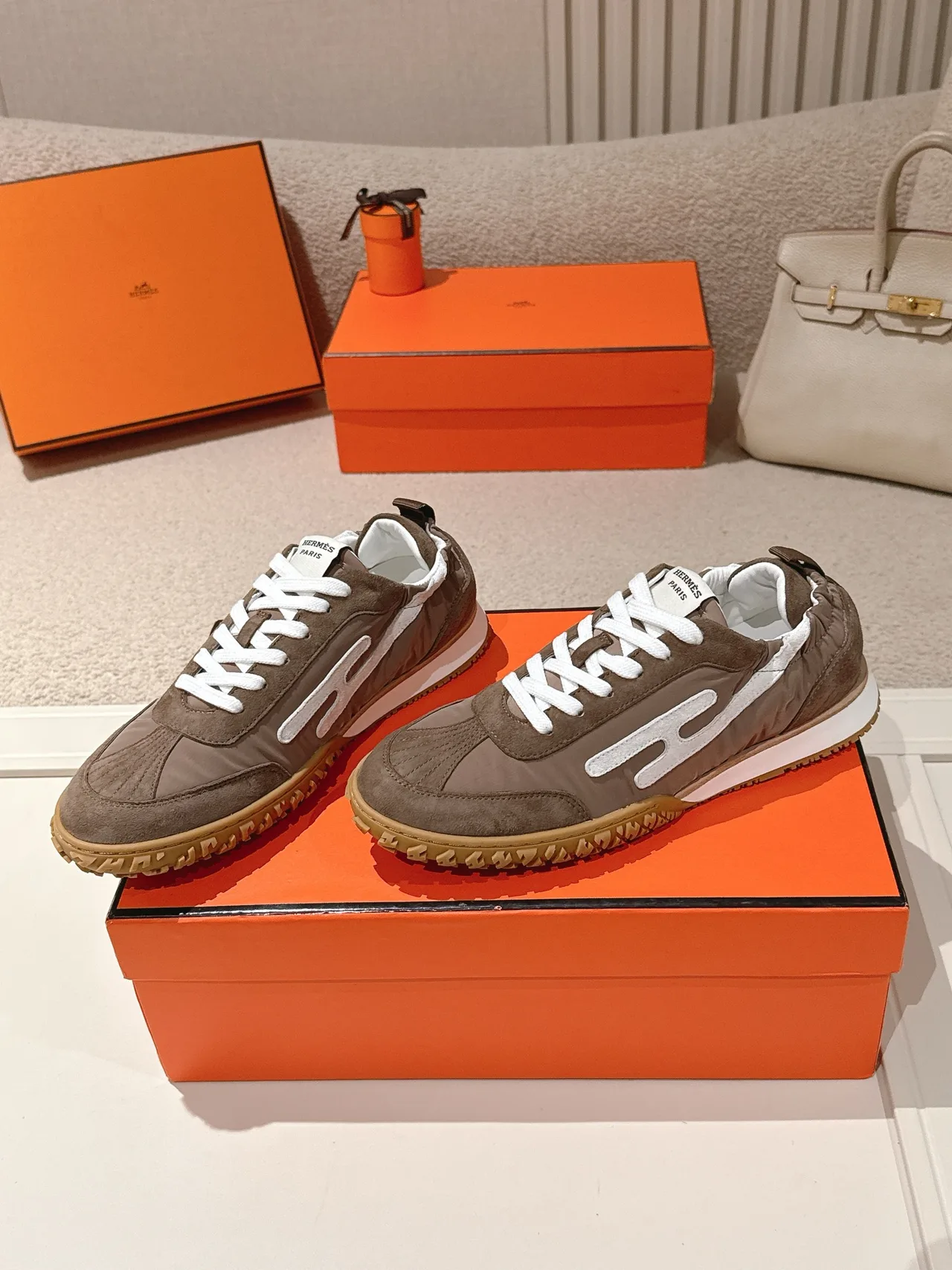Hermes Sheepskin Suede Sneakers in Brown · view 2