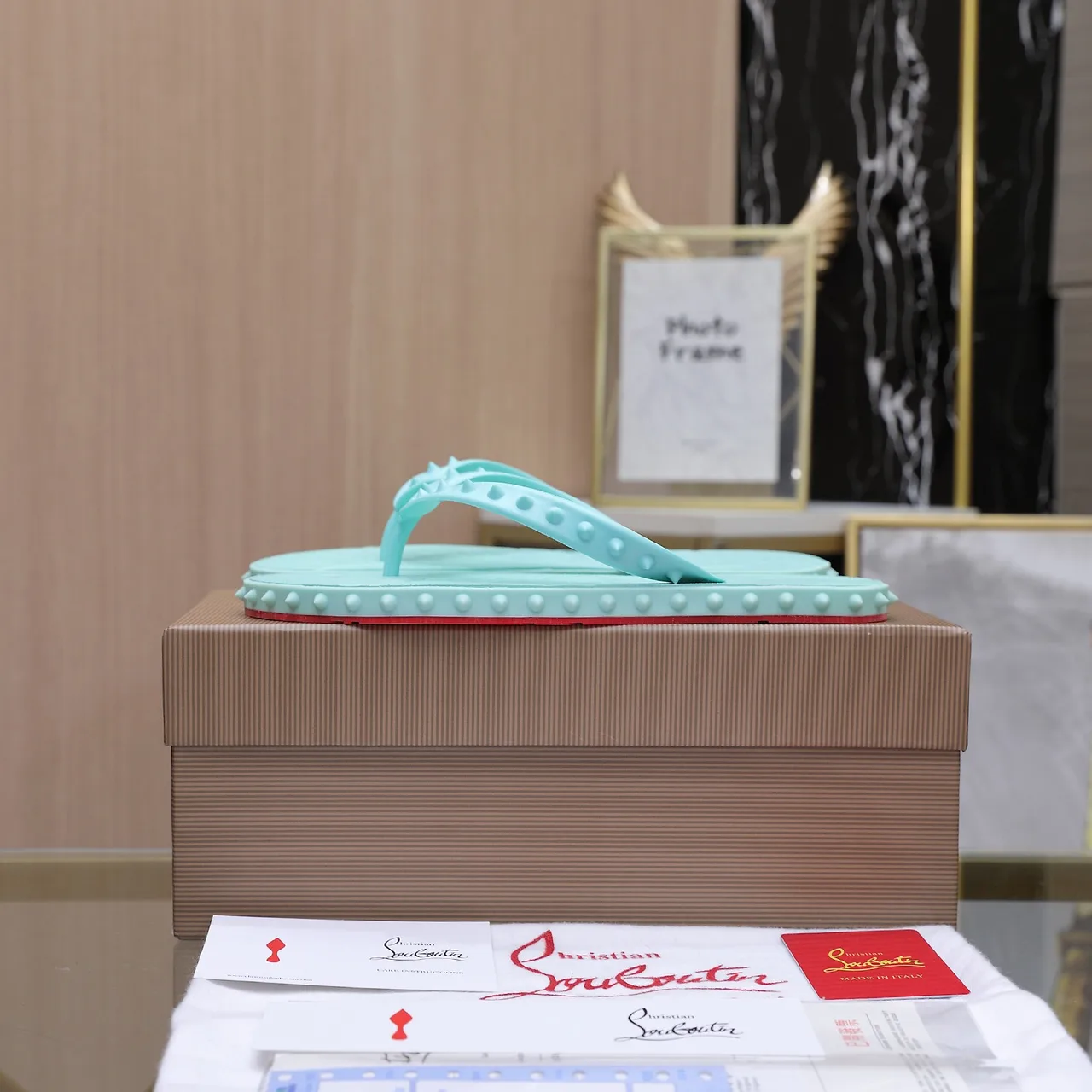 Christian Louboutin Studded Flip-Flops in Green · view 7