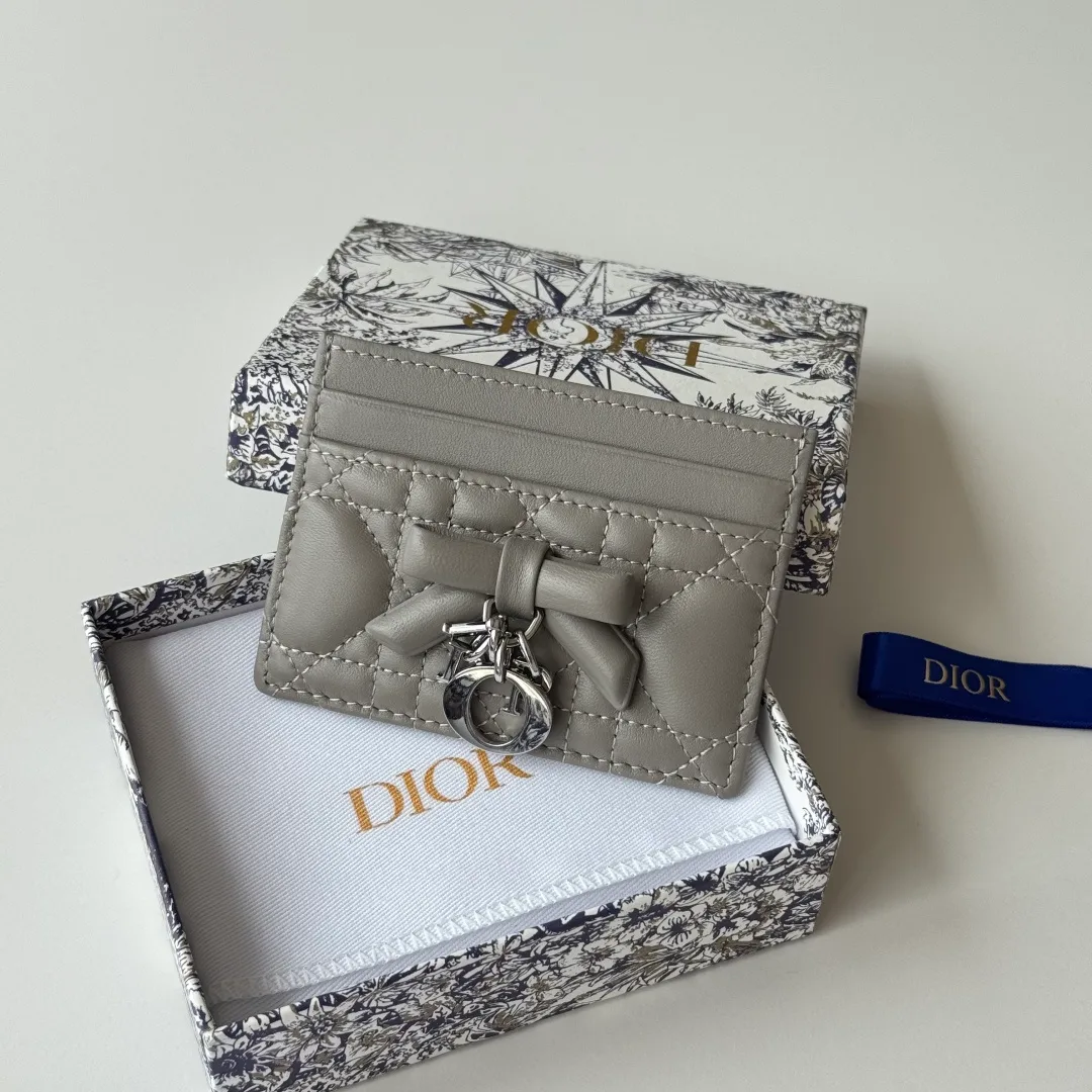 Dior Lambskin Quilted Bow Cardholder in Grey · view 7