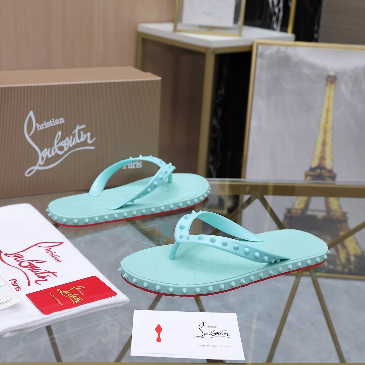 Christian Louboutin Studded Flip-Flops in Green · view 3