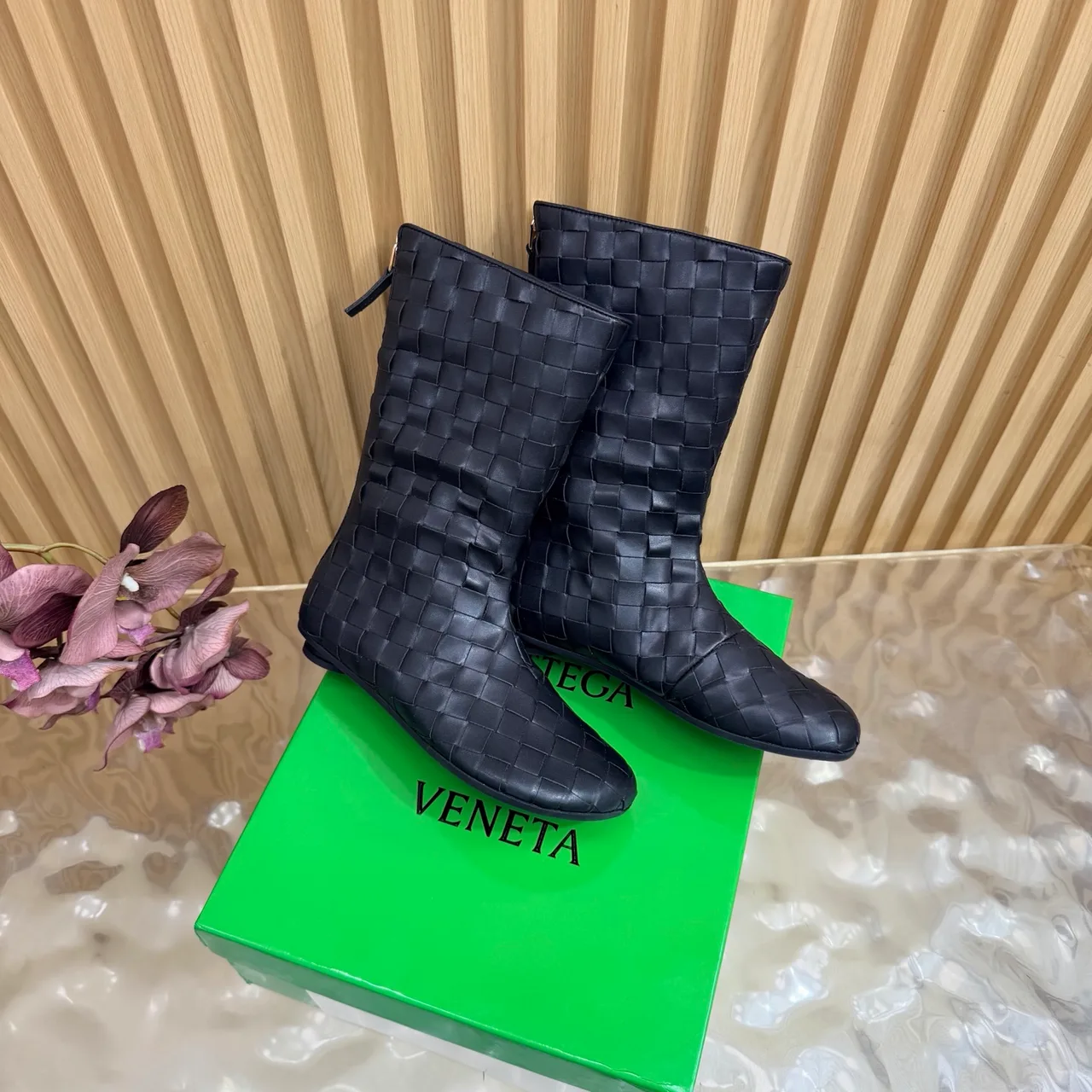 Bottega Veneta Quilted Woven Pointed-Toe Ankle Boots in Black · view 3