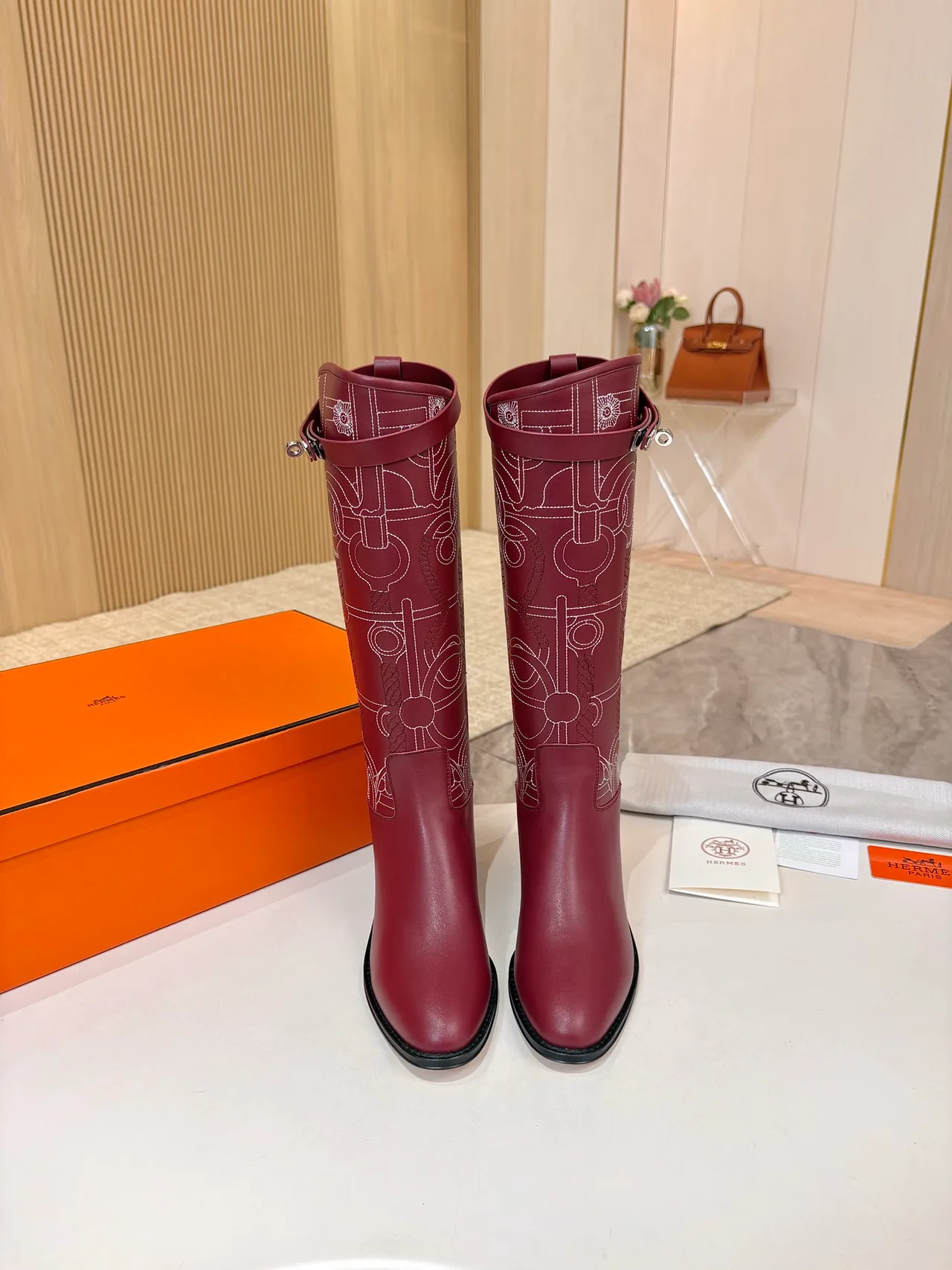 Hermes Cowhide Glossy Pointed-Toe Boots in Burgundy · view 2