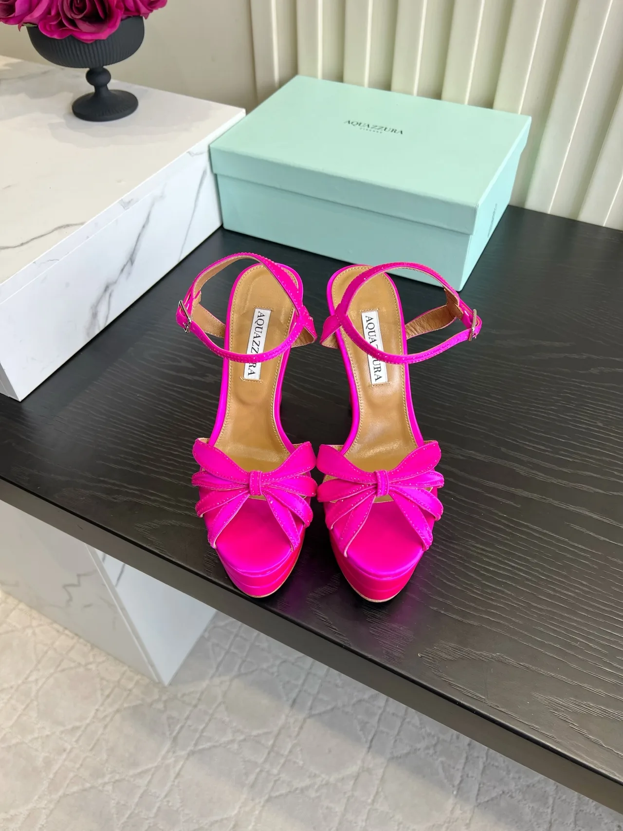 Aquazzura Silk Bow Platform Sandals in Pink · view 1