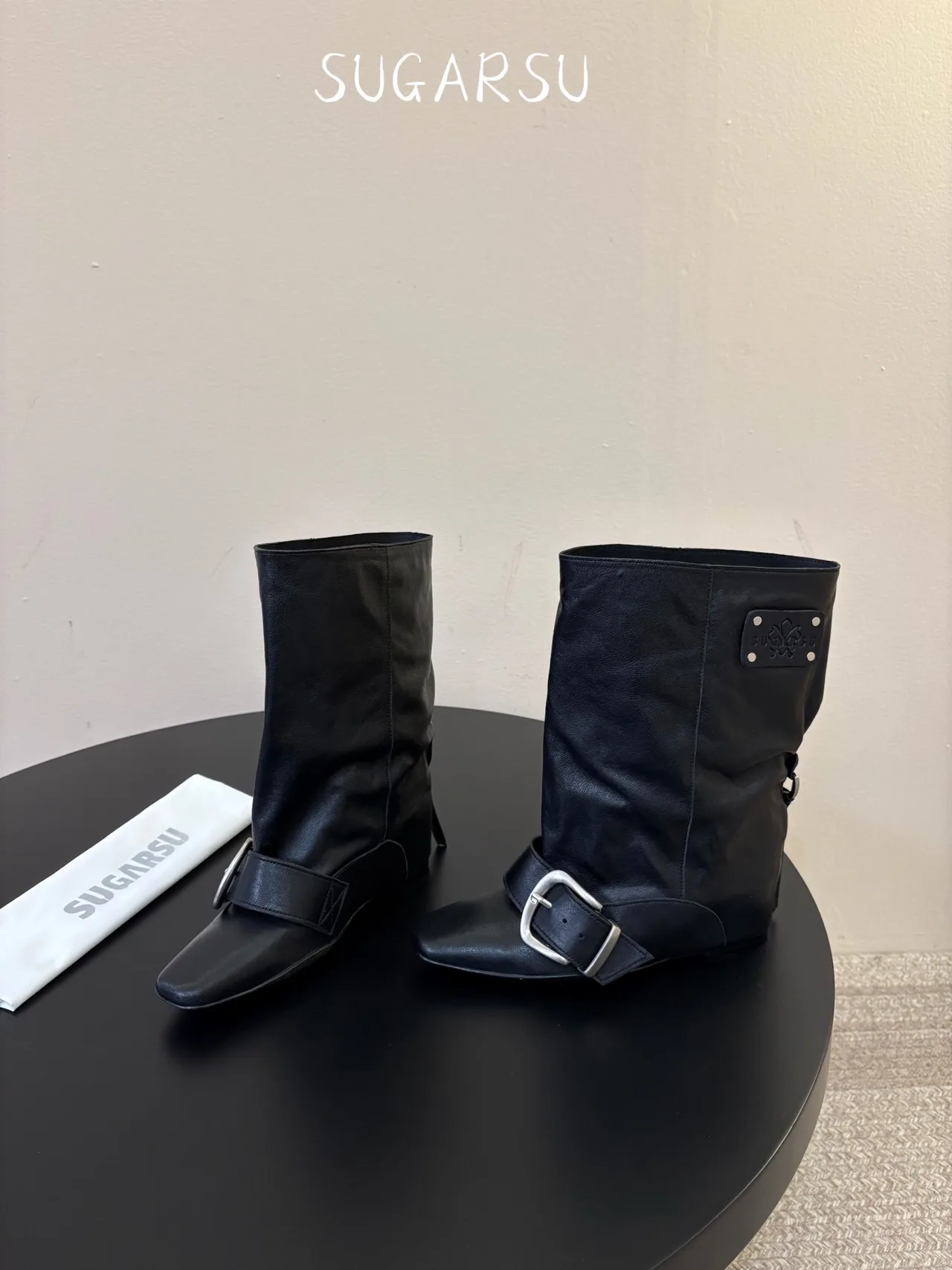 Sugar Su Sheepskin Glossy Square-Toe Boots in Black · view 3