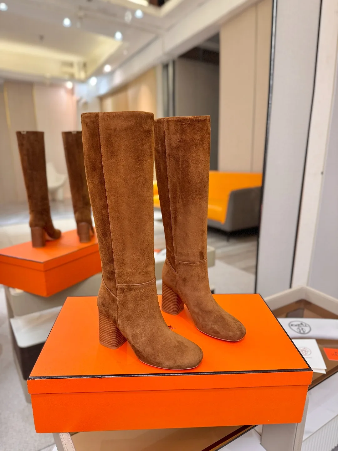 Hermes Cowhide Knee-High Boots in Brown · view 2