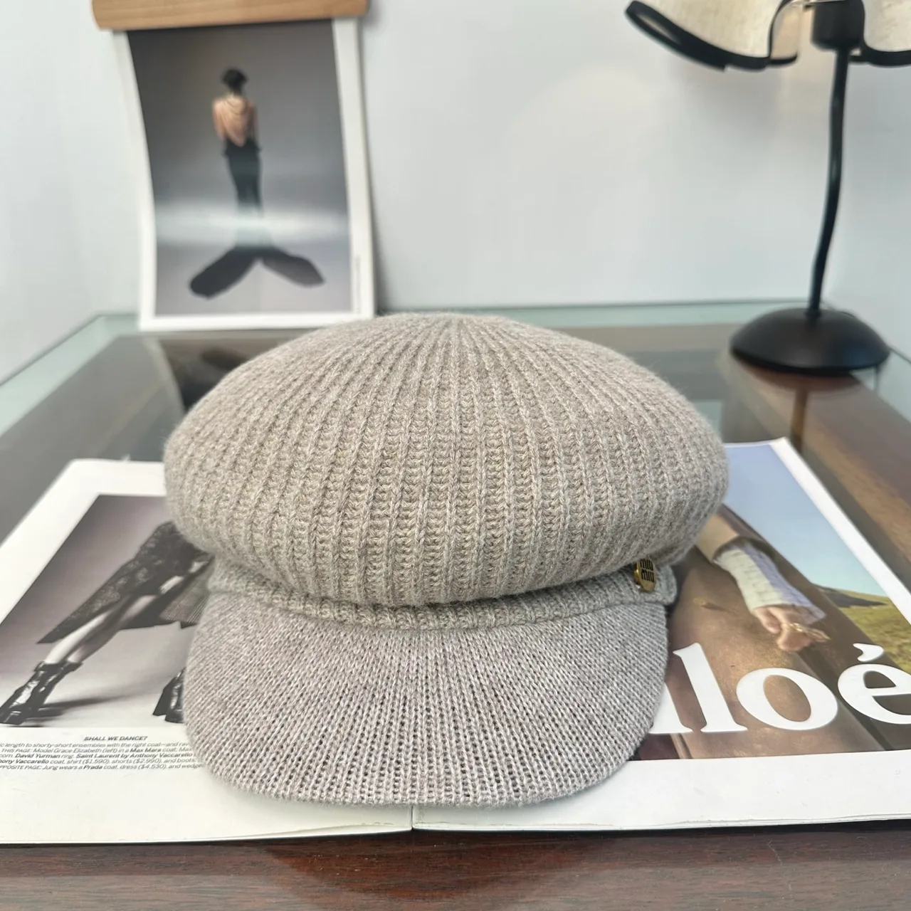 Miu Miu Knit Brimmed Cap in Grey & Black & White & Brown & Beige · view 3
