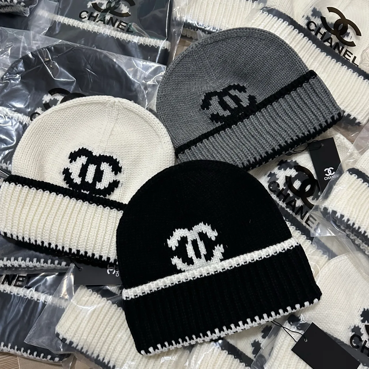 Chanel CC Stripe Beanie in White & Black & Grey · view 5