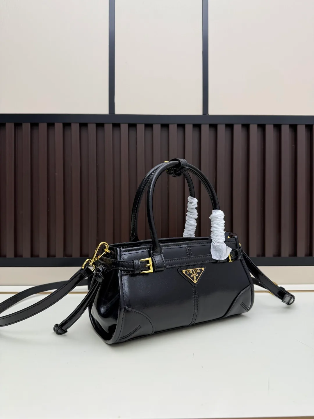 Prada Calfskin Glossy Crossbody Bag in Black · view 2