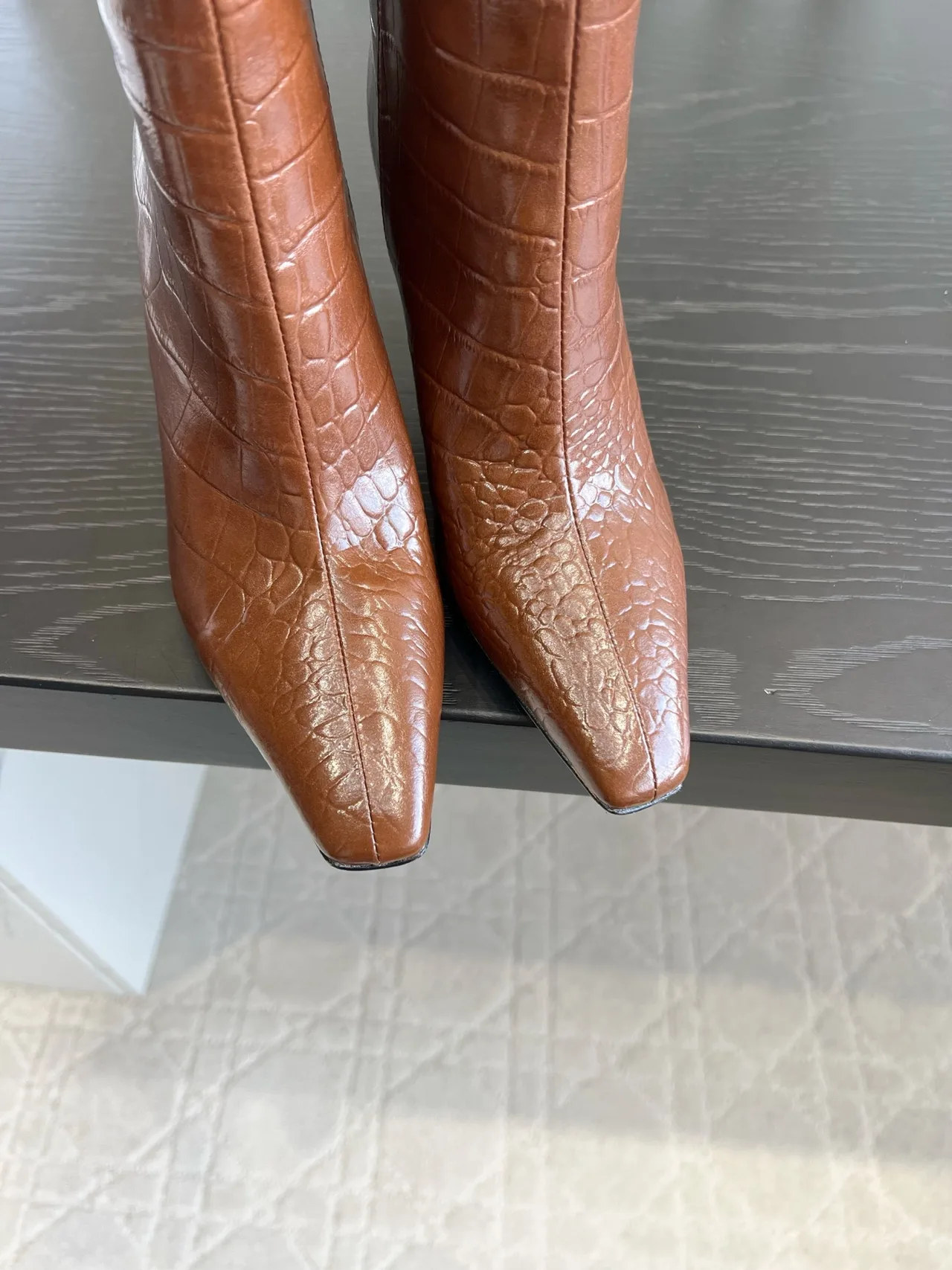 Amina Muaddi Cowhide Glossy Pointed-Toe Knee-High Boots in Brown · view 5