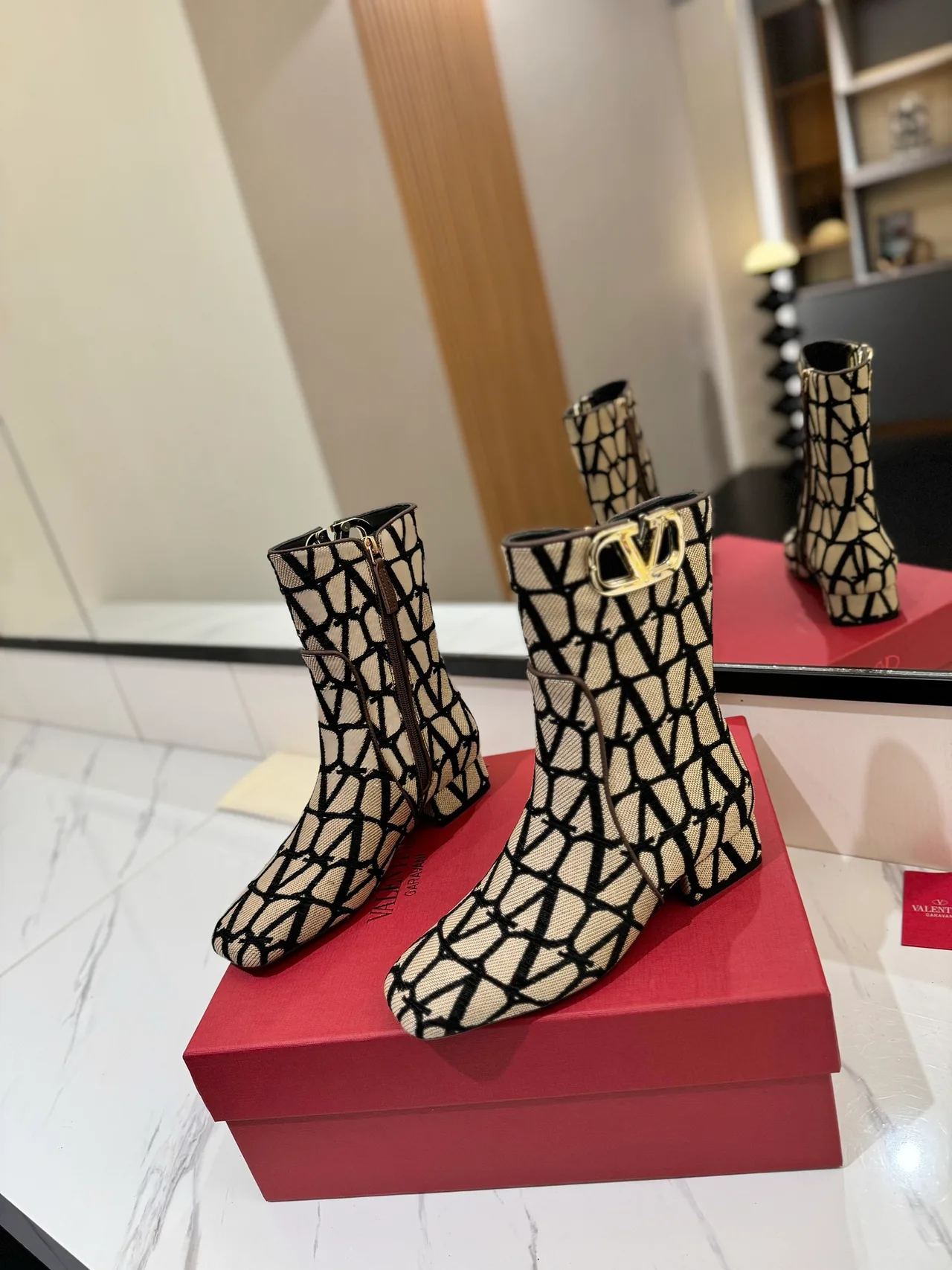 Valentino Wool Pointed-Toe VLOGO Ankle Boots in Beige · view 2