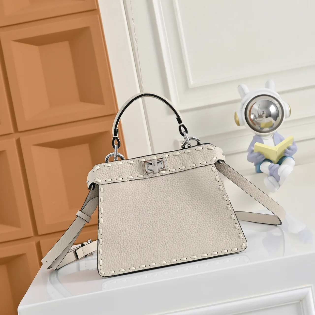 Fendi Calfskin Smooth Top-Handle Bag in Beige · view 1