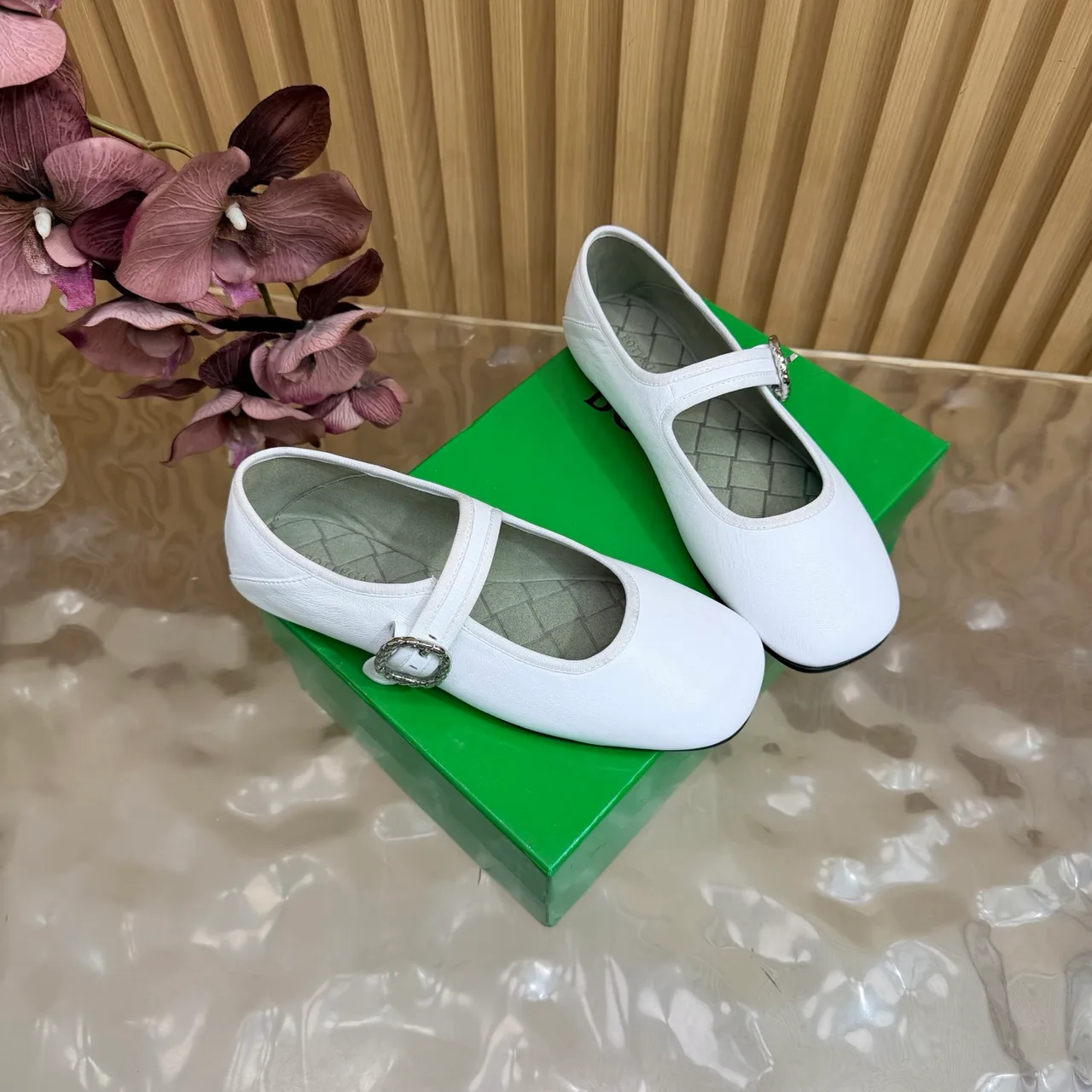Bottega Veneta Sheepskin Quilted Glossy Square-Toe Buckle Mary Jane Flats in White · view 3