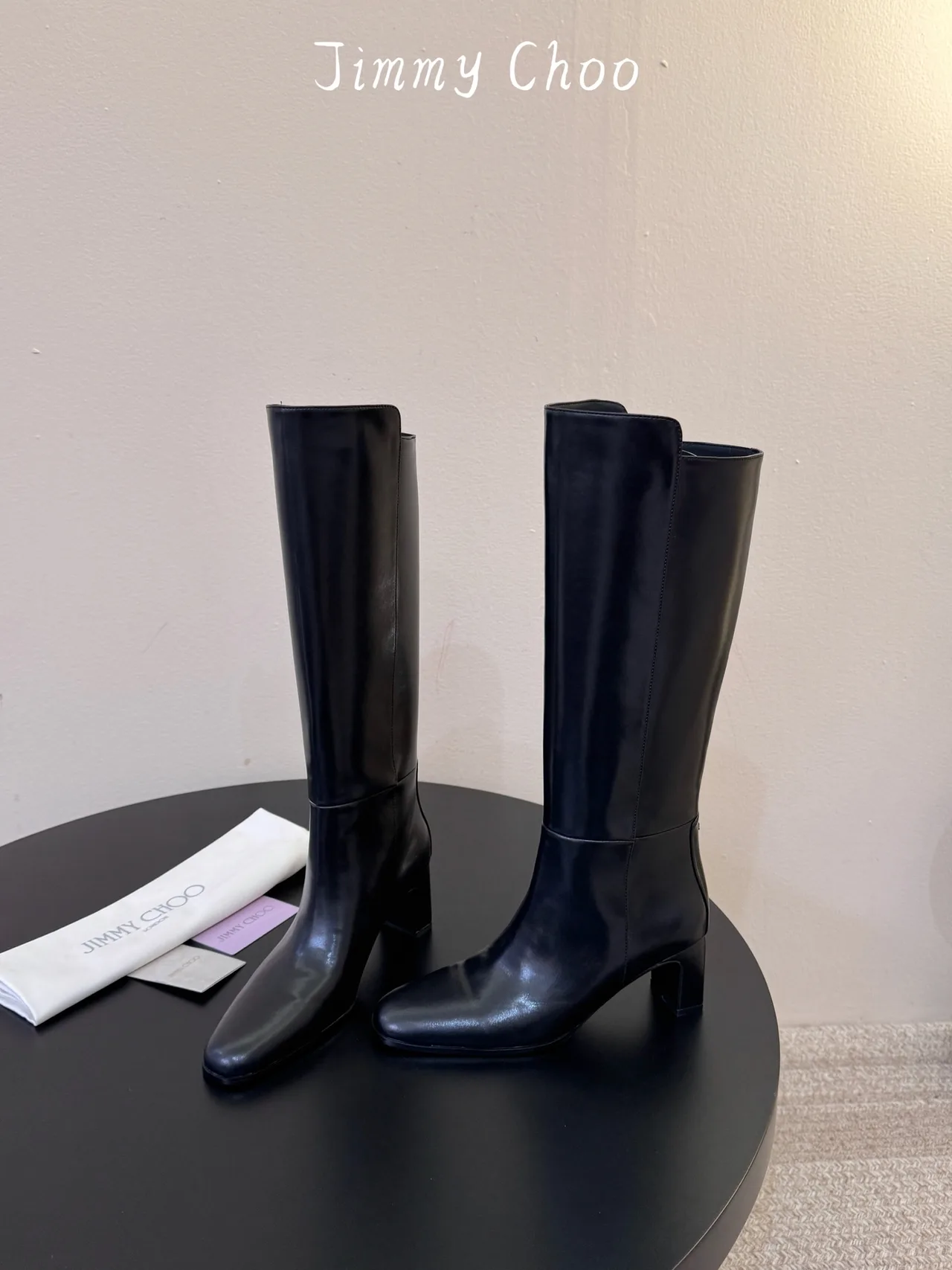 Jimmy Choo Cowhide Round-Toe Knee-High Boots in Black · view 3